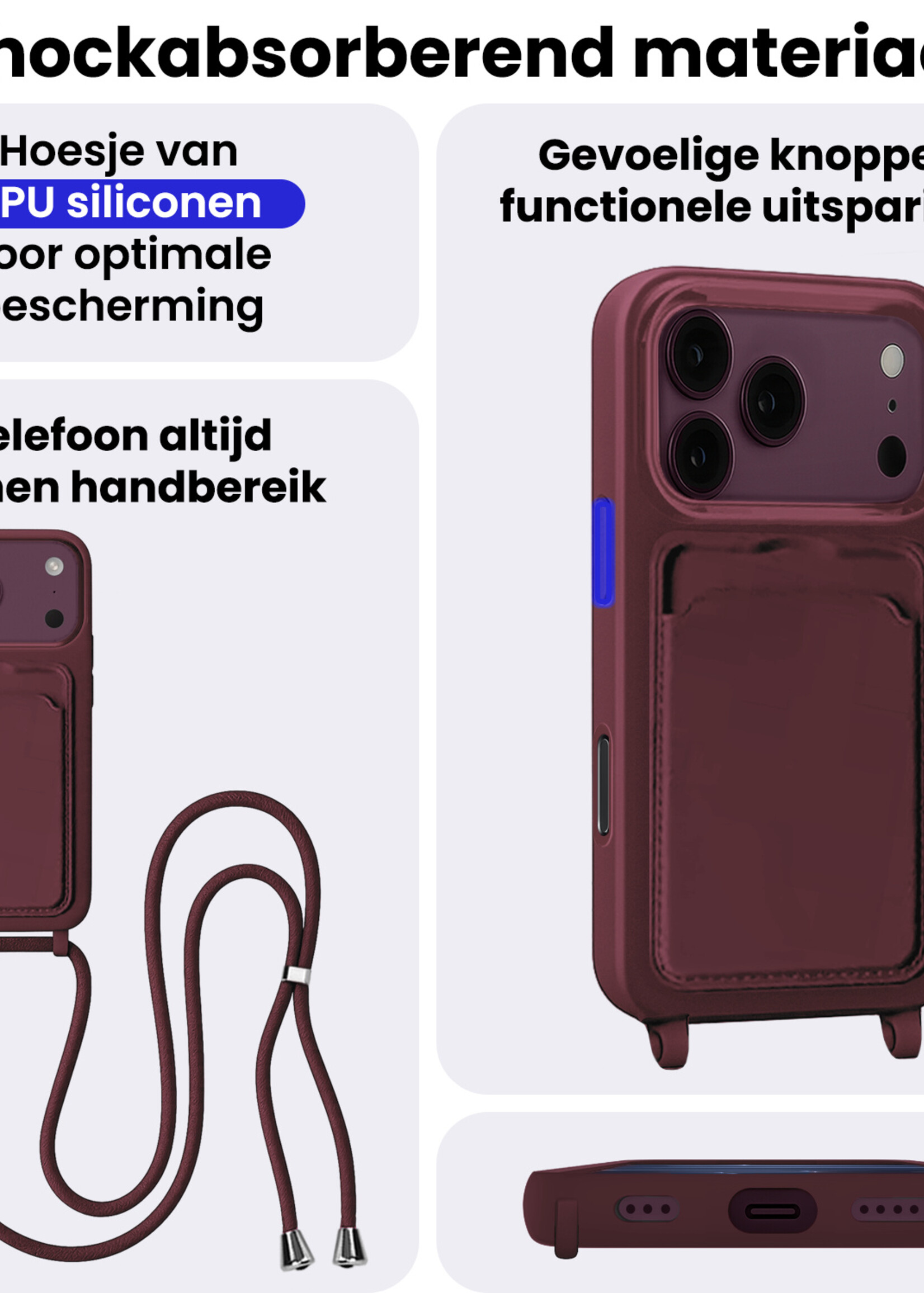 BTH BTH iPhone 18 Pro Max Hoesje Pashouder met Koord - Aubergine - 2 PACK