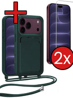 BTH BTH iPhone 18 Pro Max Hoesje Pashouder met Koord Met 2x Screenprotector - Donkergroen