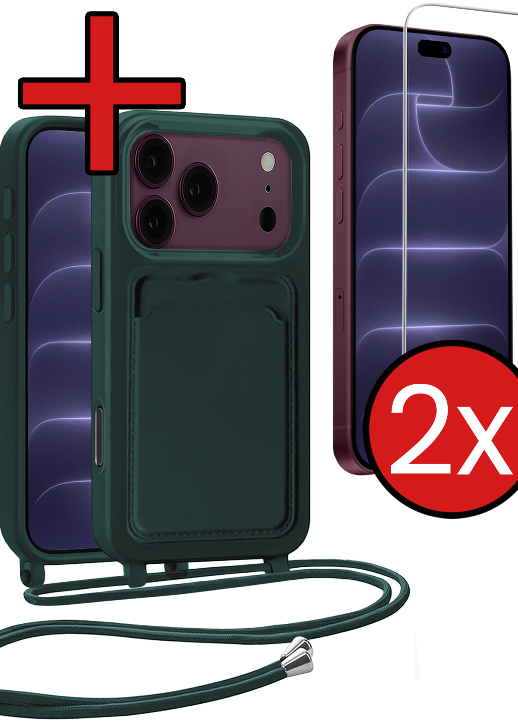 BTH BTH iPhone 18 Pro Max Hoesje Pashouder met Koord Met 2x Screenprotector - Donkergroen