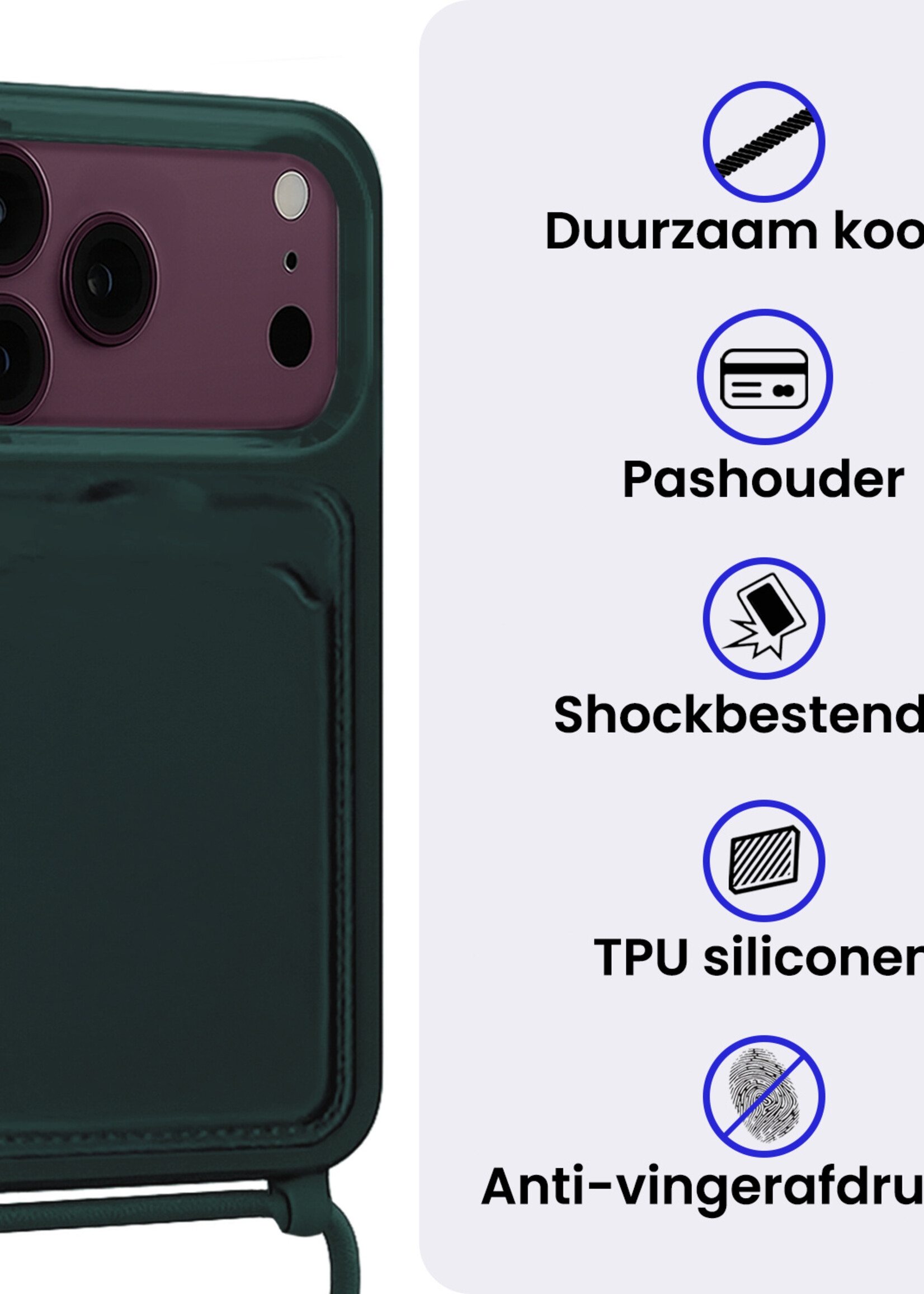 BTH BTH iPhone 18 Pro Max Hoesje Pashouder met Koord Met 2x Screenprotector - Donkergroen