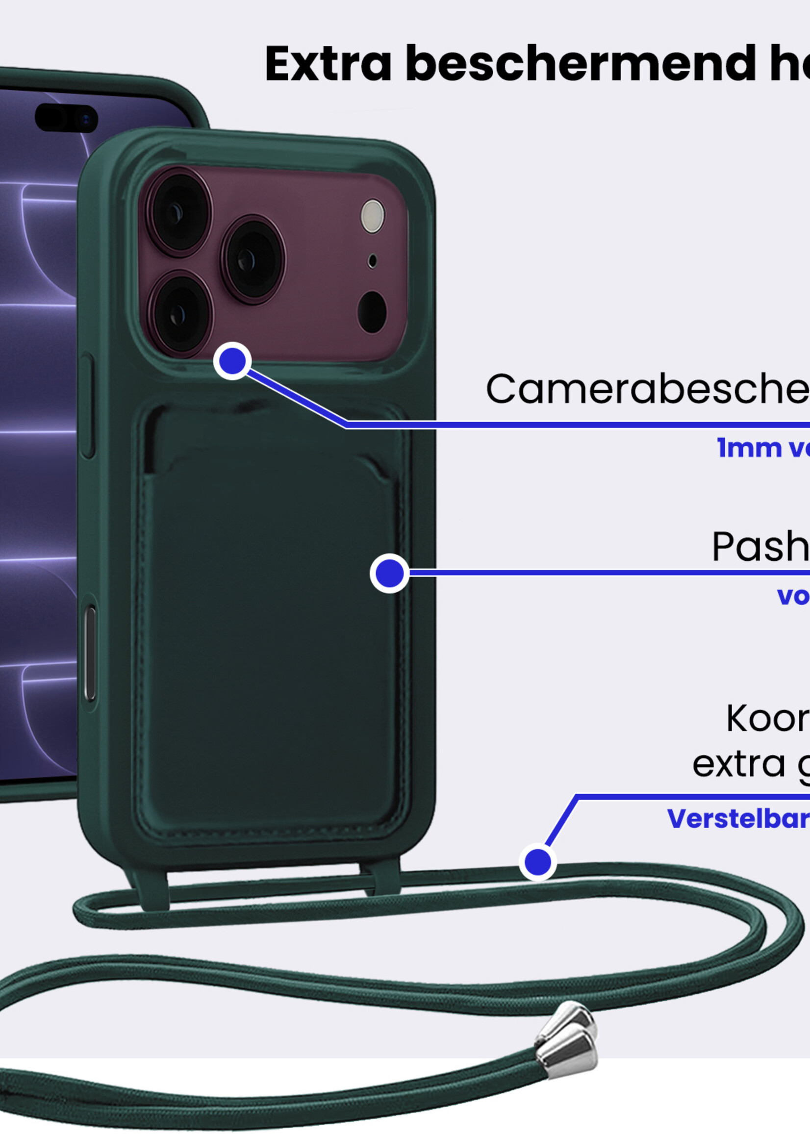 BTH BTH iPhone 18 Pro Max Hoesje Pashouder met Koord Met 2x Screenprotector - Donkergroen