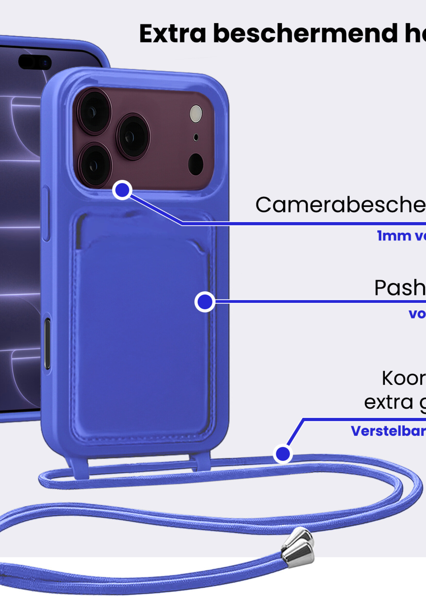 BTH BTH iPhone 18 Pro Max Hoesje Pashouder met Koord Met Screenprotector - Fel Blauw