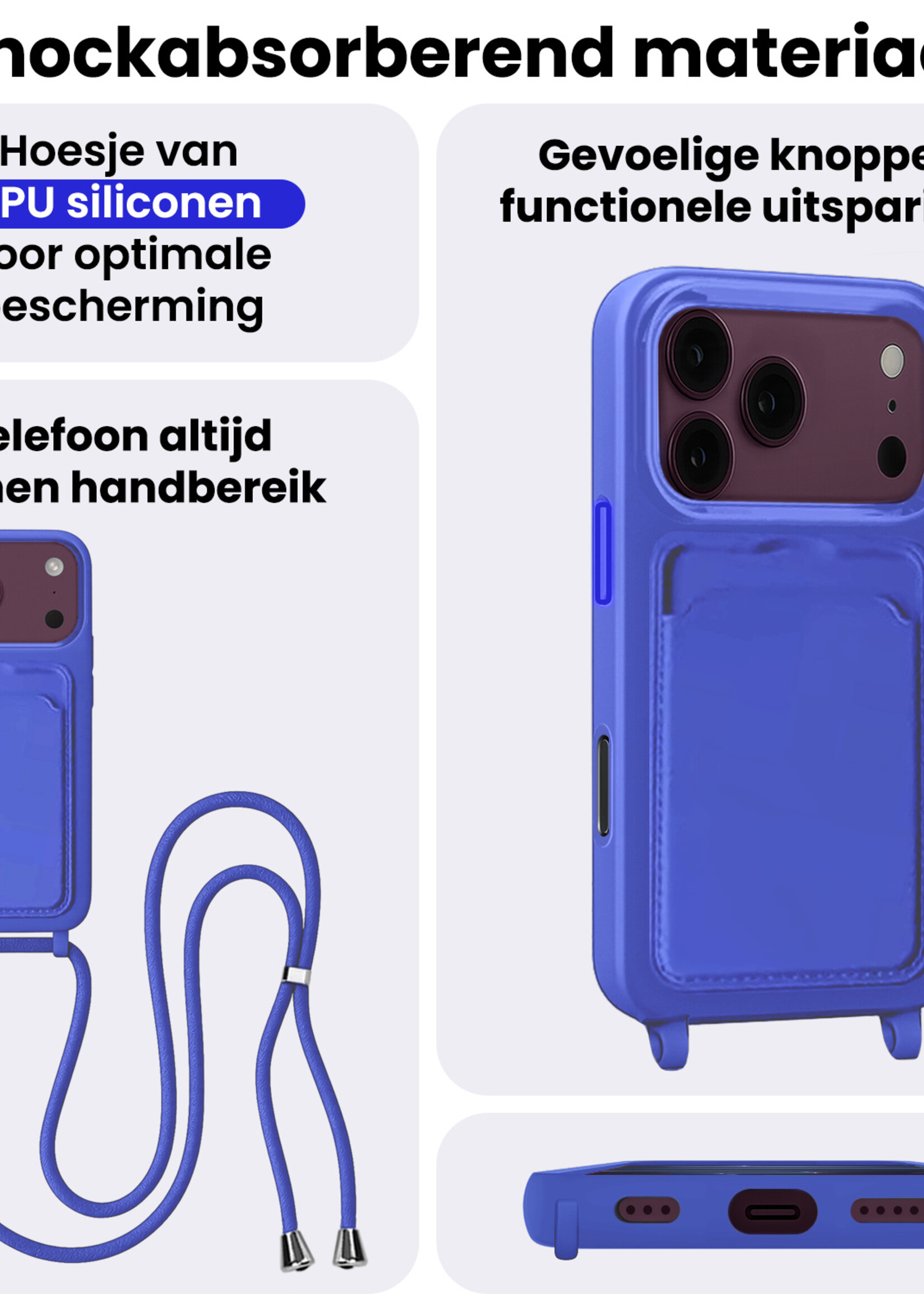 BTH BTH iPhone 18 Pro Max Hoesje Pashouder met Koord Met Screenprotector - Fel Blauw