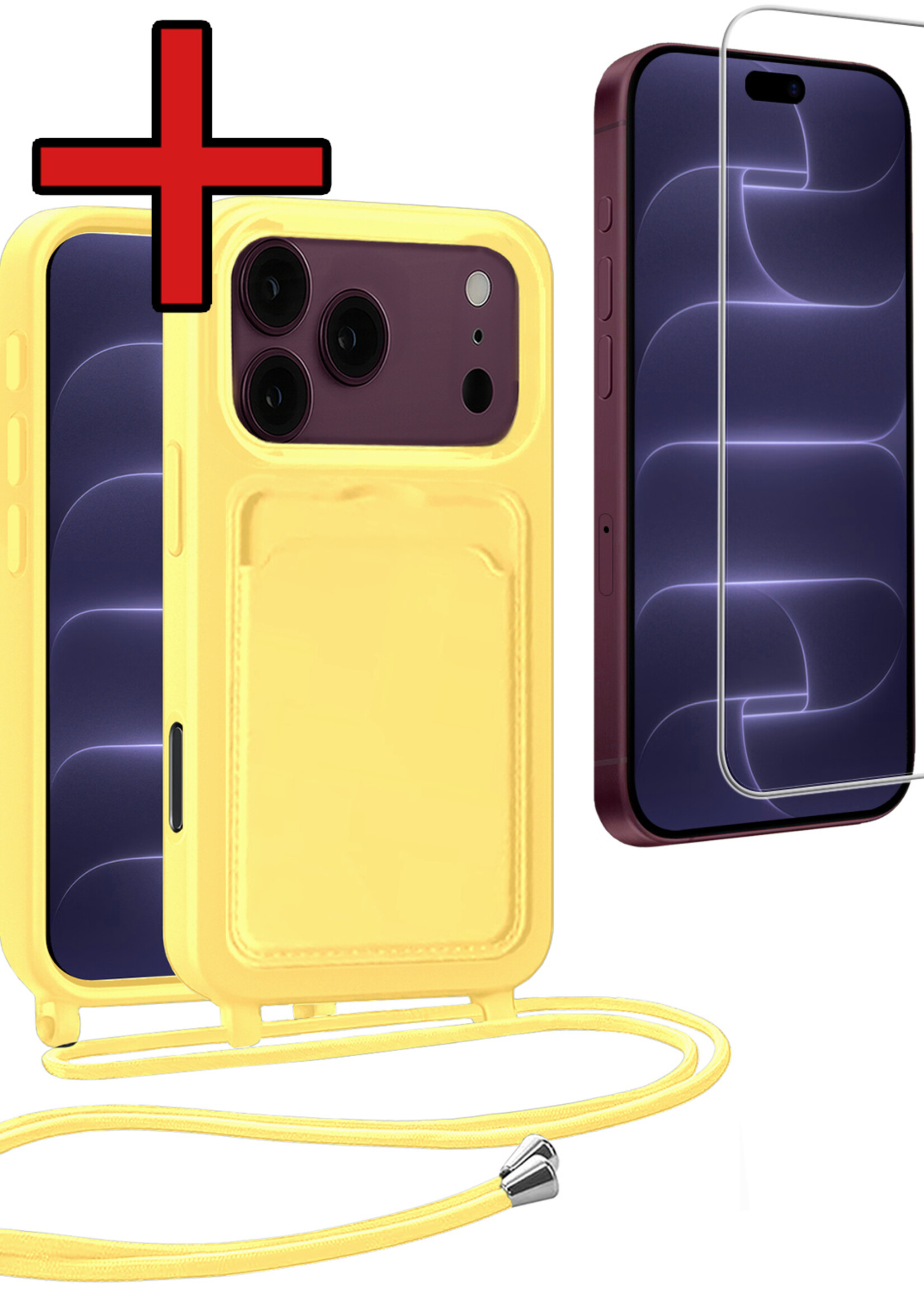 BTH BTH iPhone 18 Pro Max Hoesje Pashouder met Koord Met Screenprotector - Geel
