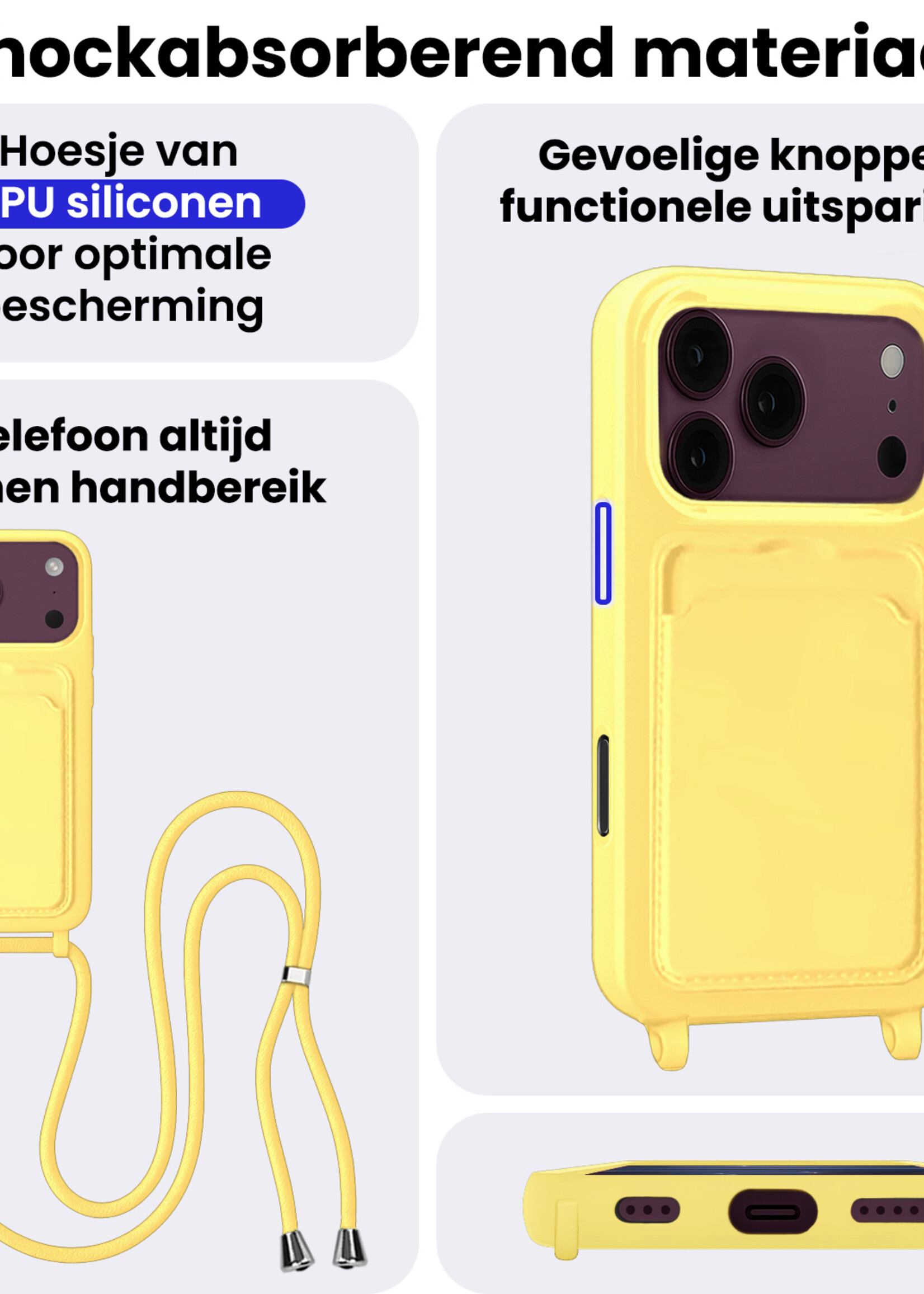 BTH BTH iPhone 18 Pro Max Hoesje Pashouder met Koord Met Screenprotector - Geel