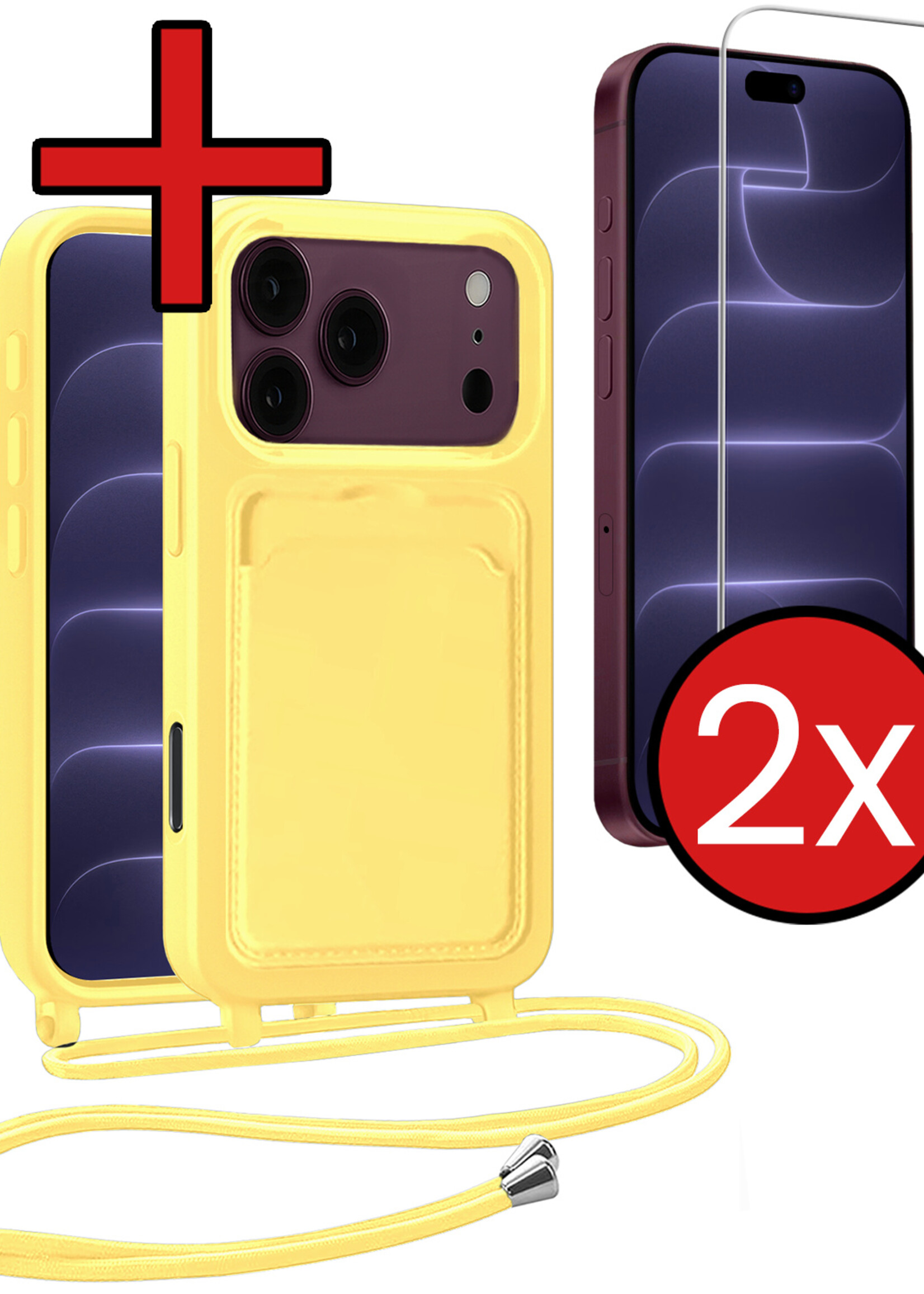 BTH BTH iPhone 18 Pro Max Hoesje Pashouder met Koord Met 2x Screenprotector - Geel