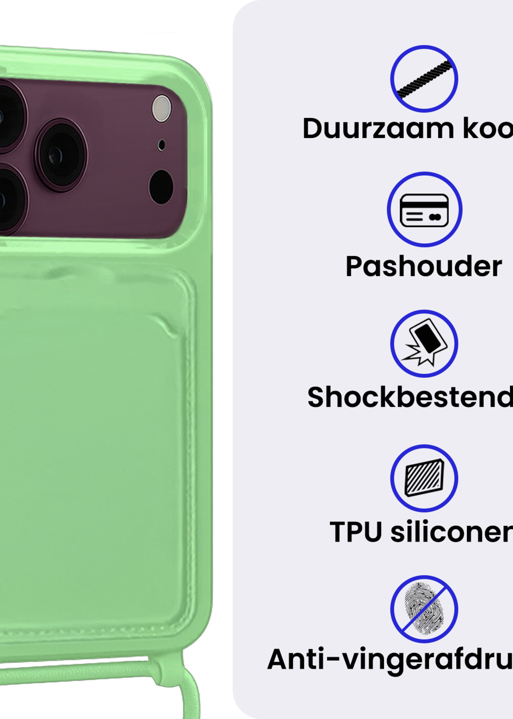 BTH BTH iPhone 18 Pro Max Hoesje Pashouder met Koord Met Screenprotector - Groen
