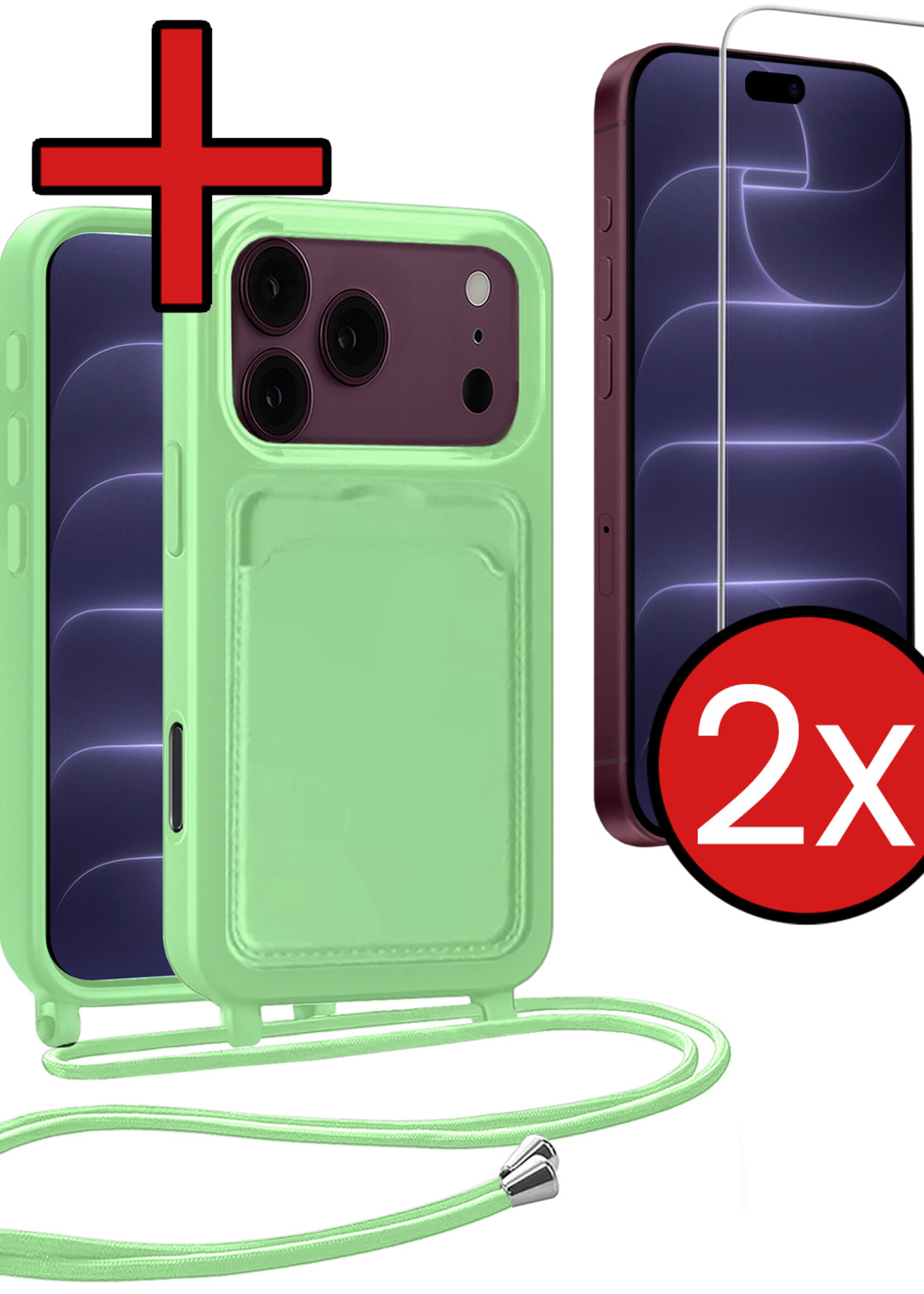 BTH BTH iPhone 18 Pro Max Hoesje Pashouder met Koord Met 2x Screenprotector - Groen