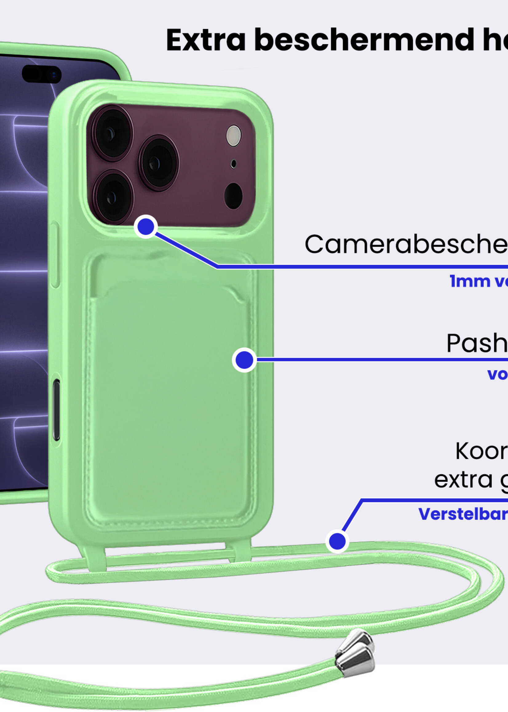 BTH BTH iPhone 18 Pro Max Hoesje Pashouder met Koord Met 2x Screenprotector - Groen