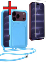 BTH BTH iPhone 18 Pro Max Hoesje Pashouder met Koord Met Screenprotector - Lichtblauw