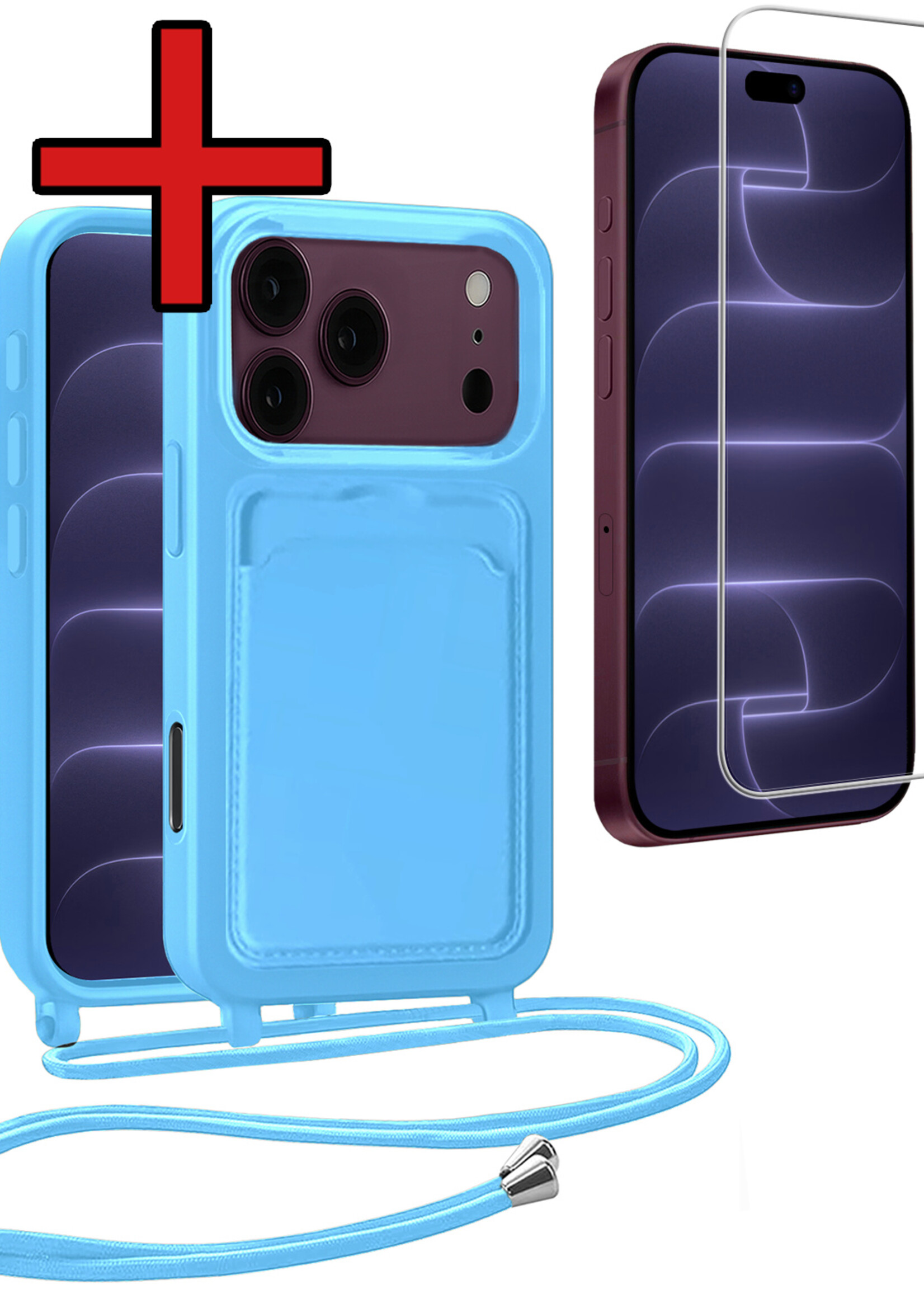 BTH BTH iPhone 18 Pro Max Hoesje Pashouder met Koord Met Screenprotector - Lichtblauw