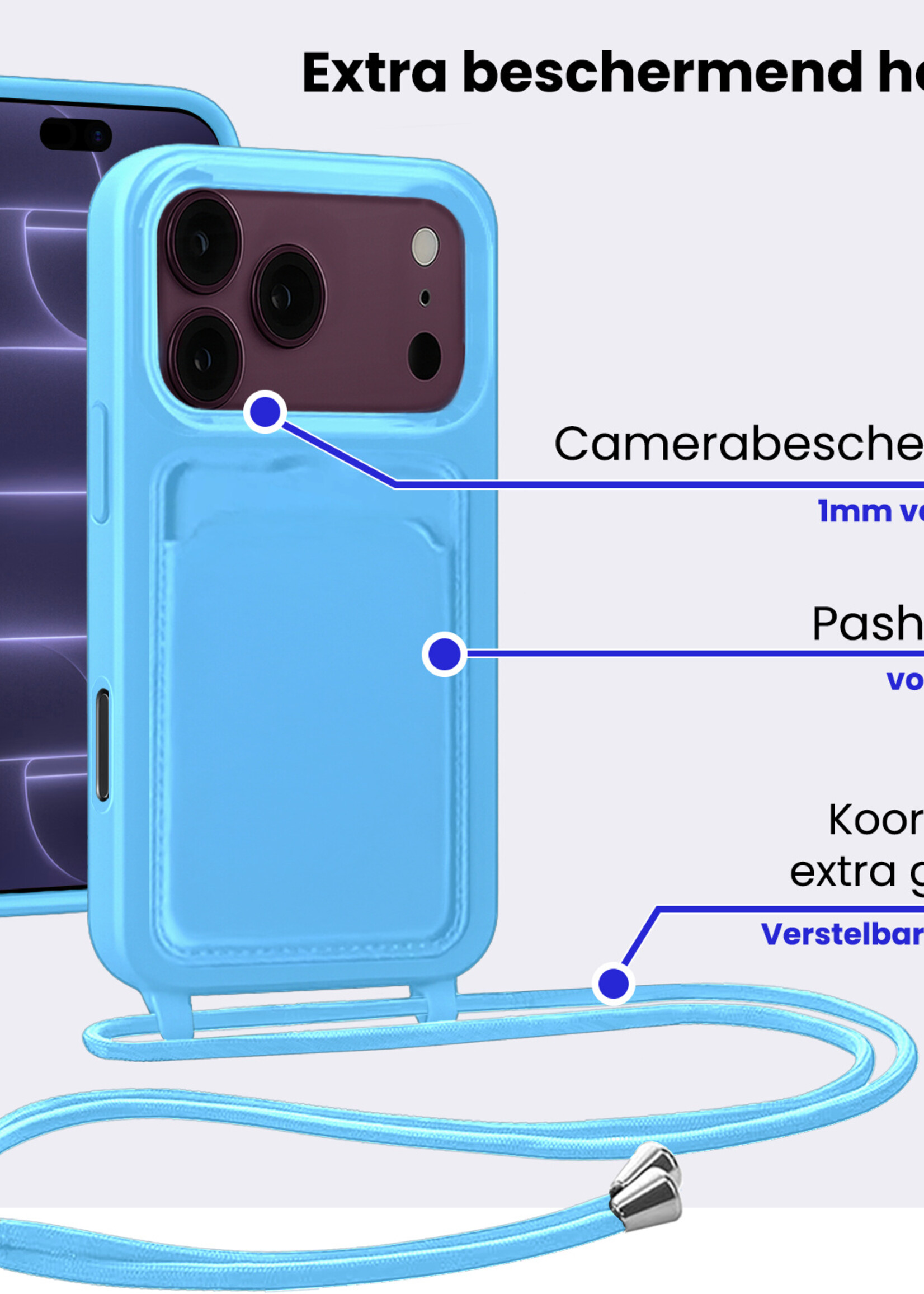 BTH BTH iPhone 18 Pro Max Hoesje Pashouder met Koord Met Screenprotector - Lichtblauw