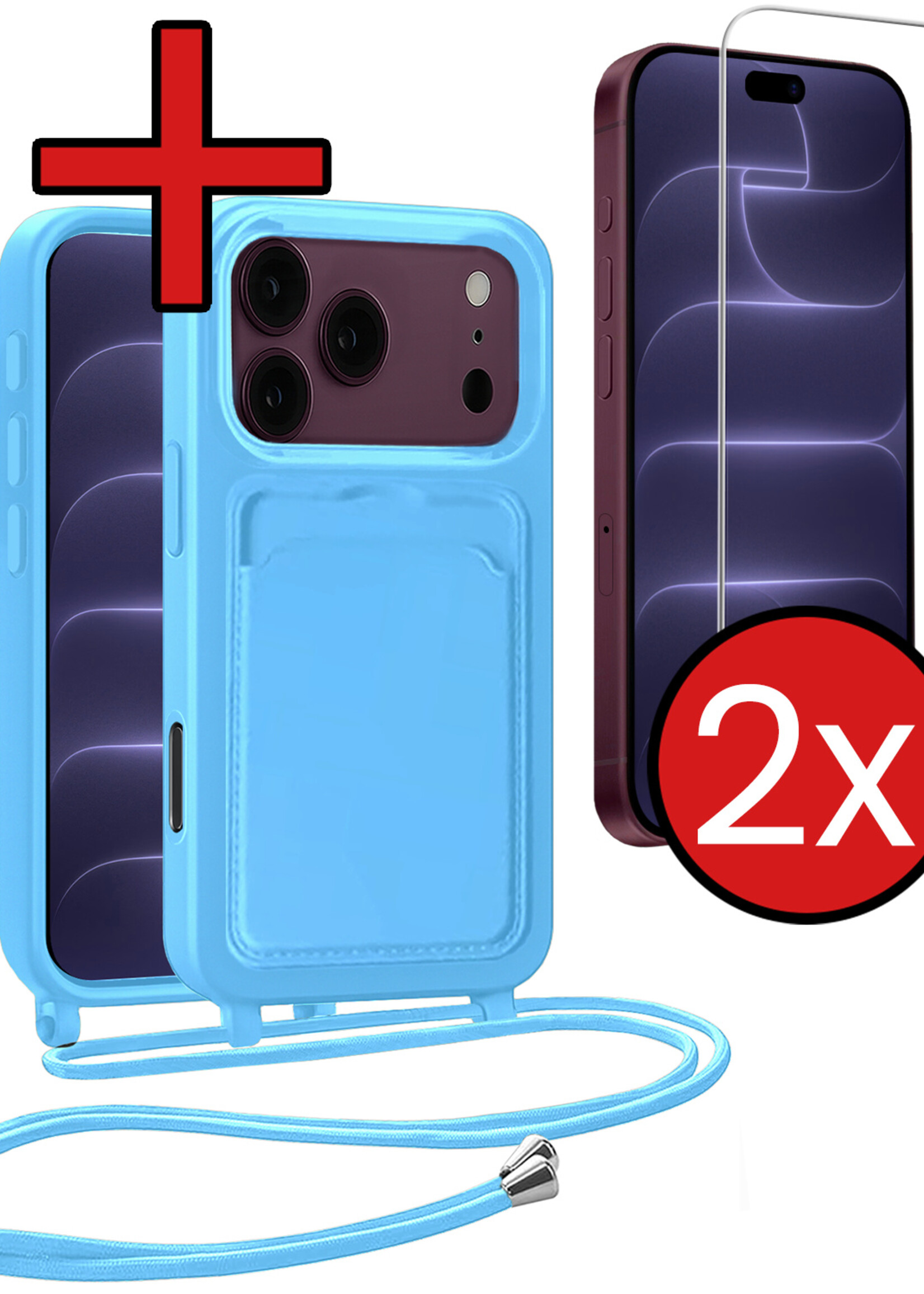 BTH BTH iPhone 18 Pro Max Hoesje Pashouder met Koord Met 2x Screenprotector - Lichtblauw