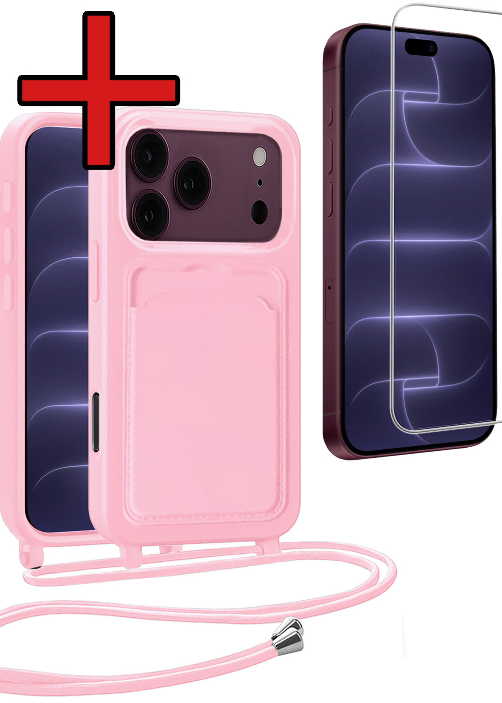 BTH BTH iPhone 18 Pro Max Hoesje Pashouder met Koord Met Screenprotector - Lichtroze