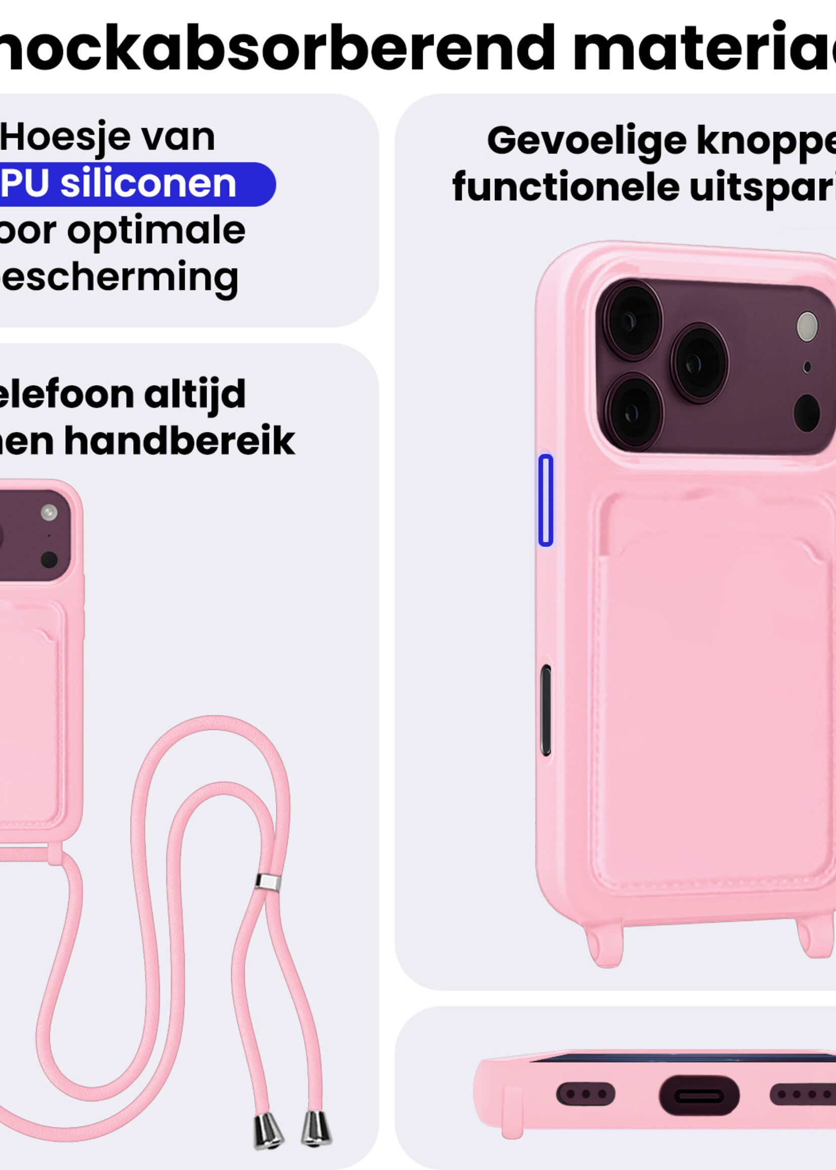 BTH BTH iPhone 18 Pro Max Hoesje Pashouder met Koord Met Screenprotector - Lichtroze