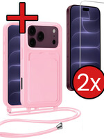 BTH BTH iPhone 18 Pro Max Hoesje Pashouder met Koord Met 2x Screenprotector - Lichtroze
