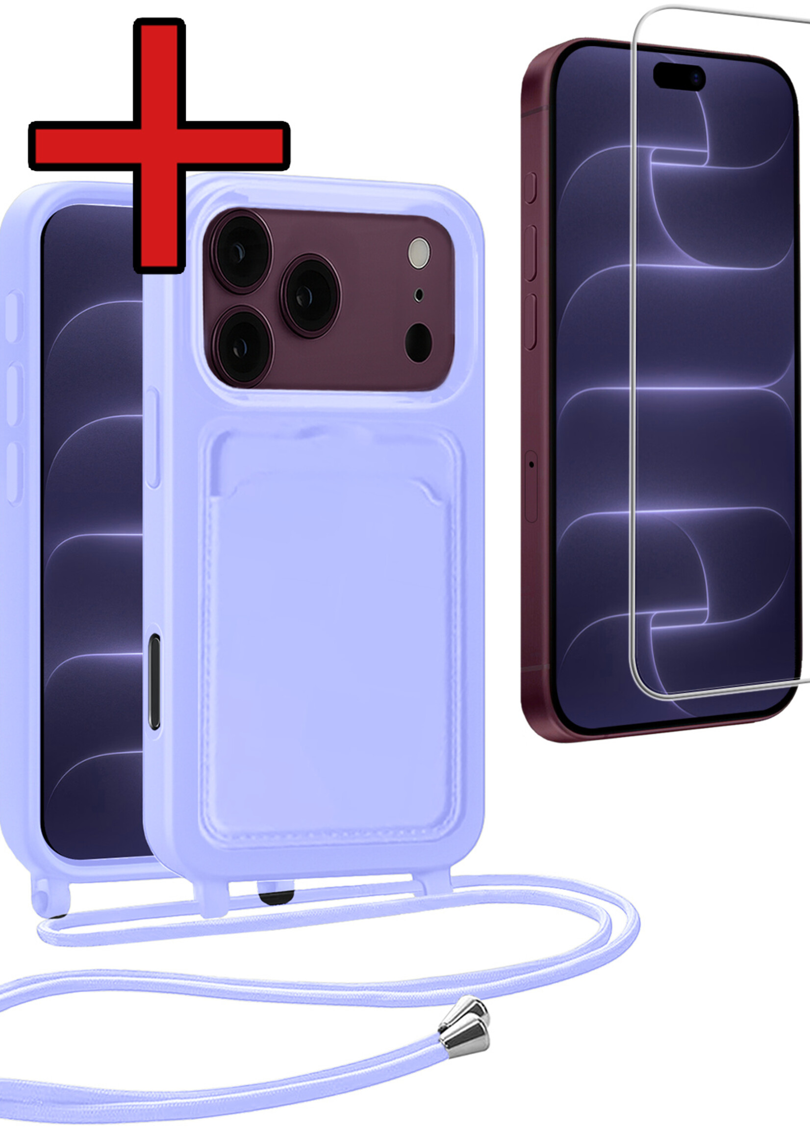 BTH BTH iPhone 18 Pro Max Hoesje Pashouder met Koord Met Screenprotector - Lila