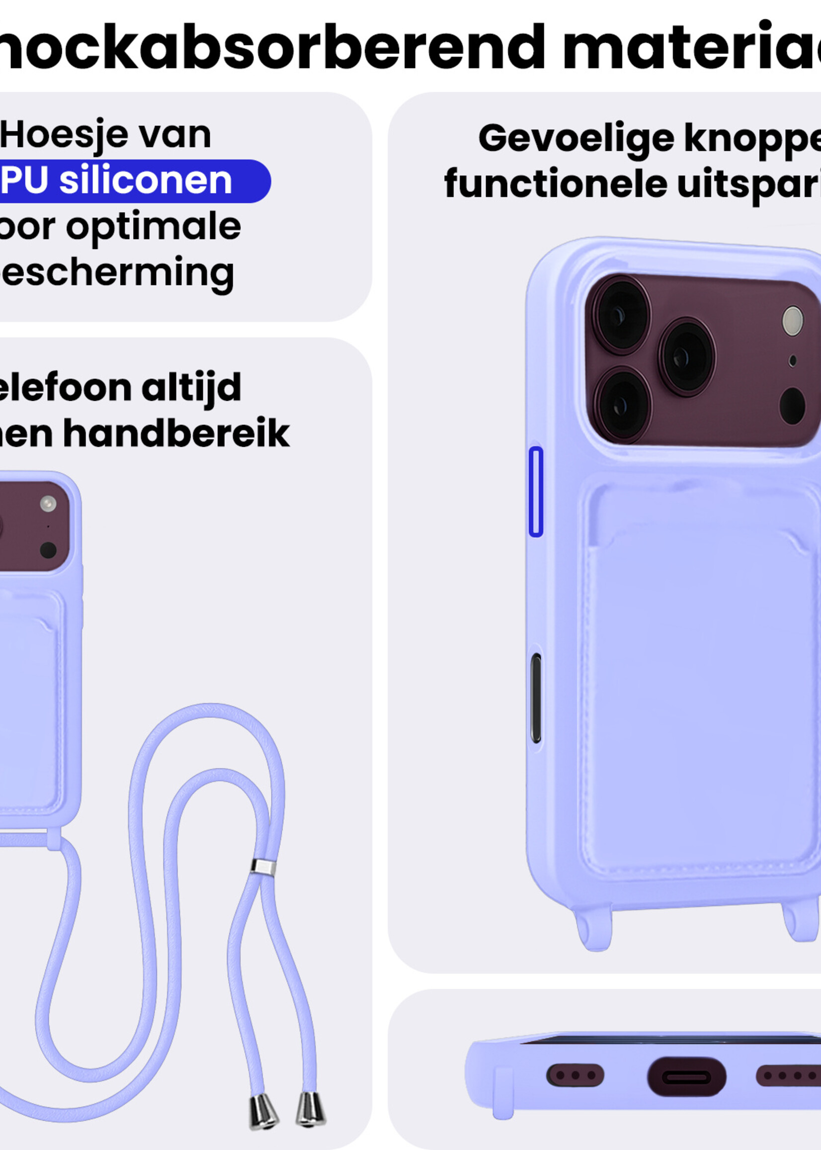 BTH BTH iPhone 18 Pro Max Hoesje Pashouder met Koord Met 2x Screenprotector - Lila