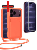 BTH BTH iPhone 18 Pro Max Hoesje Pashouder met Koord Met Screenprotector - Papaya