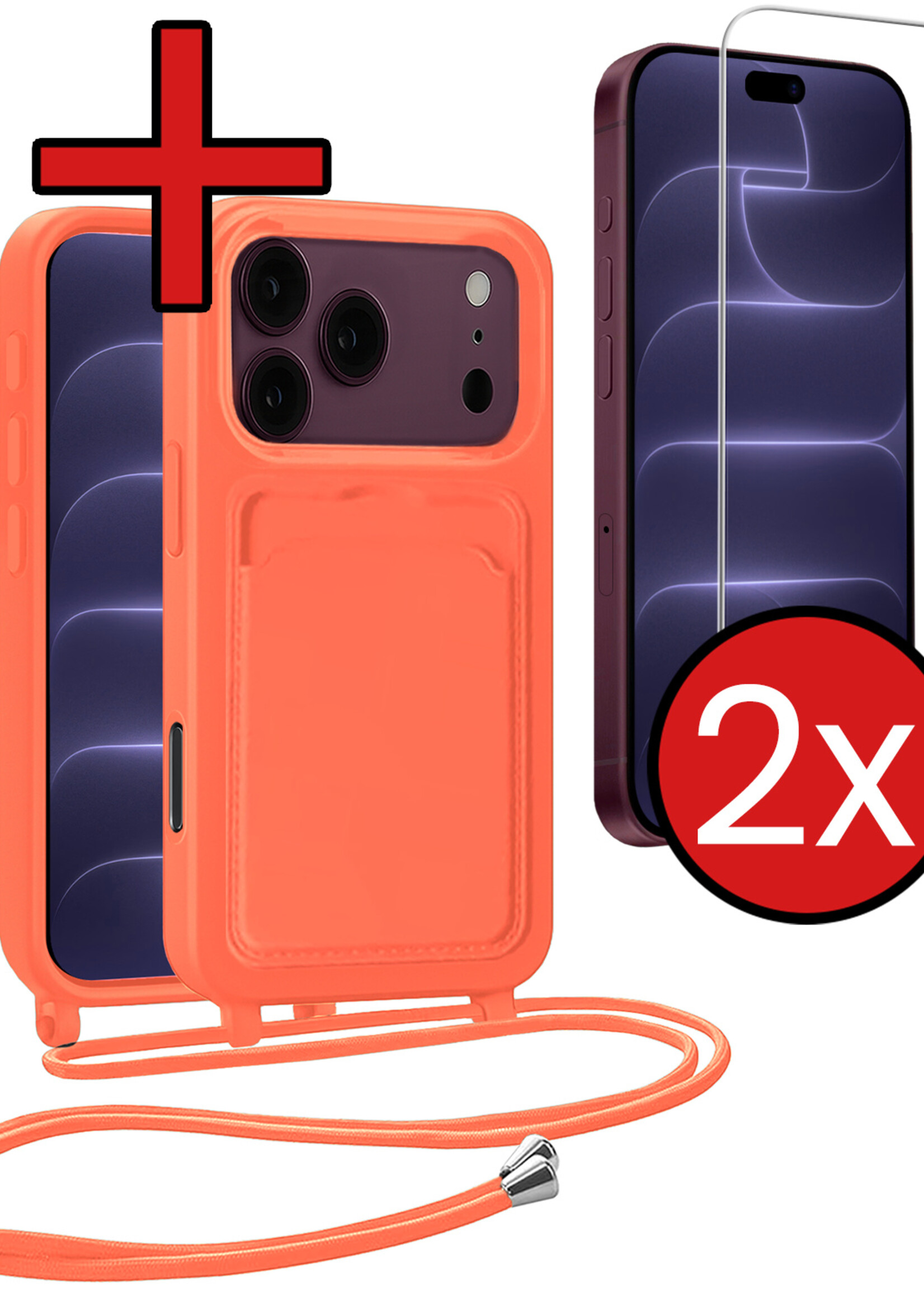 BTH BTH iPhone 18 Pro Max Hoesje Pashouder met Koord Met 2x Screenprotector - Papaya