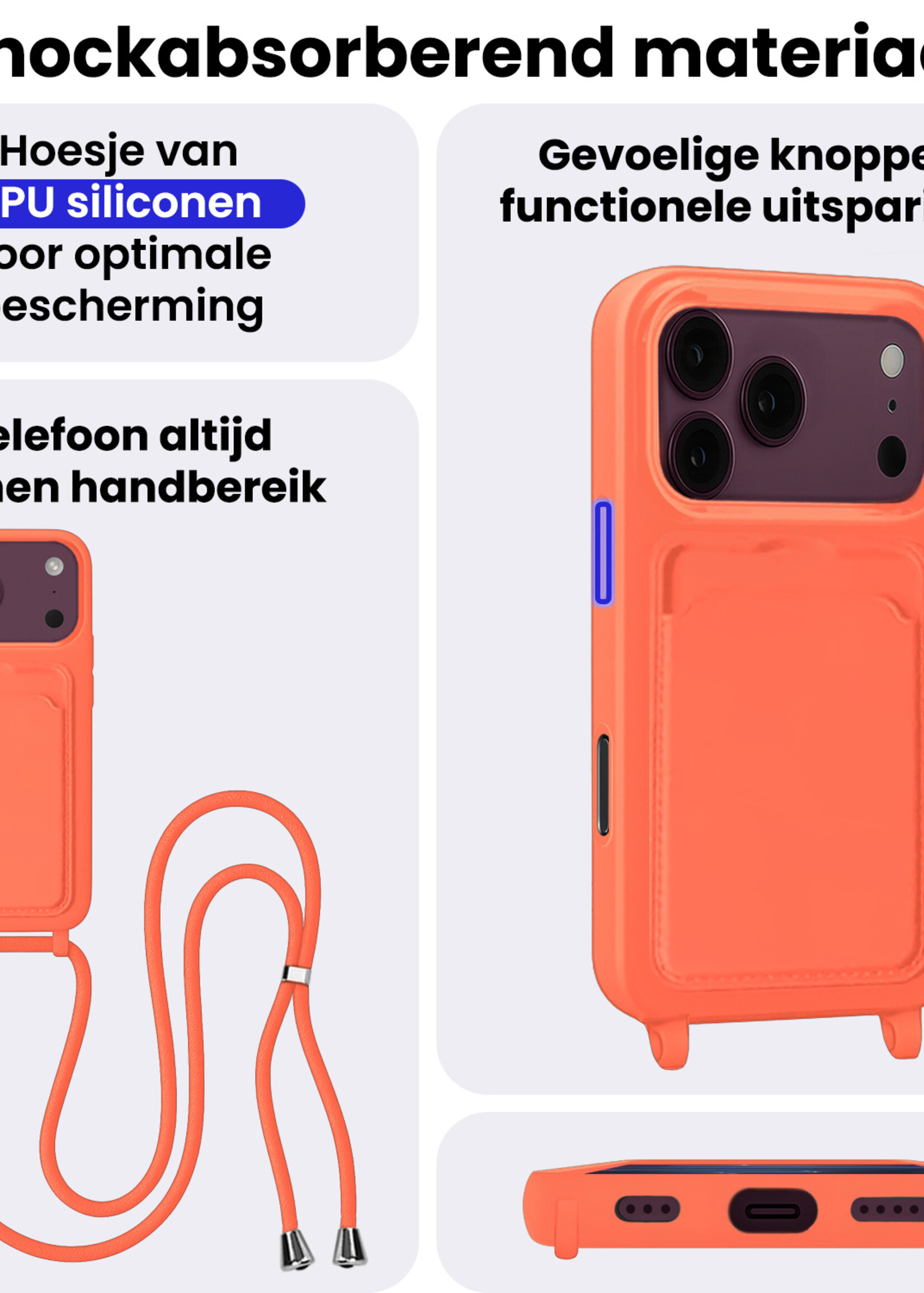 BTH BTH iPhone 18 Pro Max Hoesje Pashouder met Koord Met 2x Screenprotector - Papaya