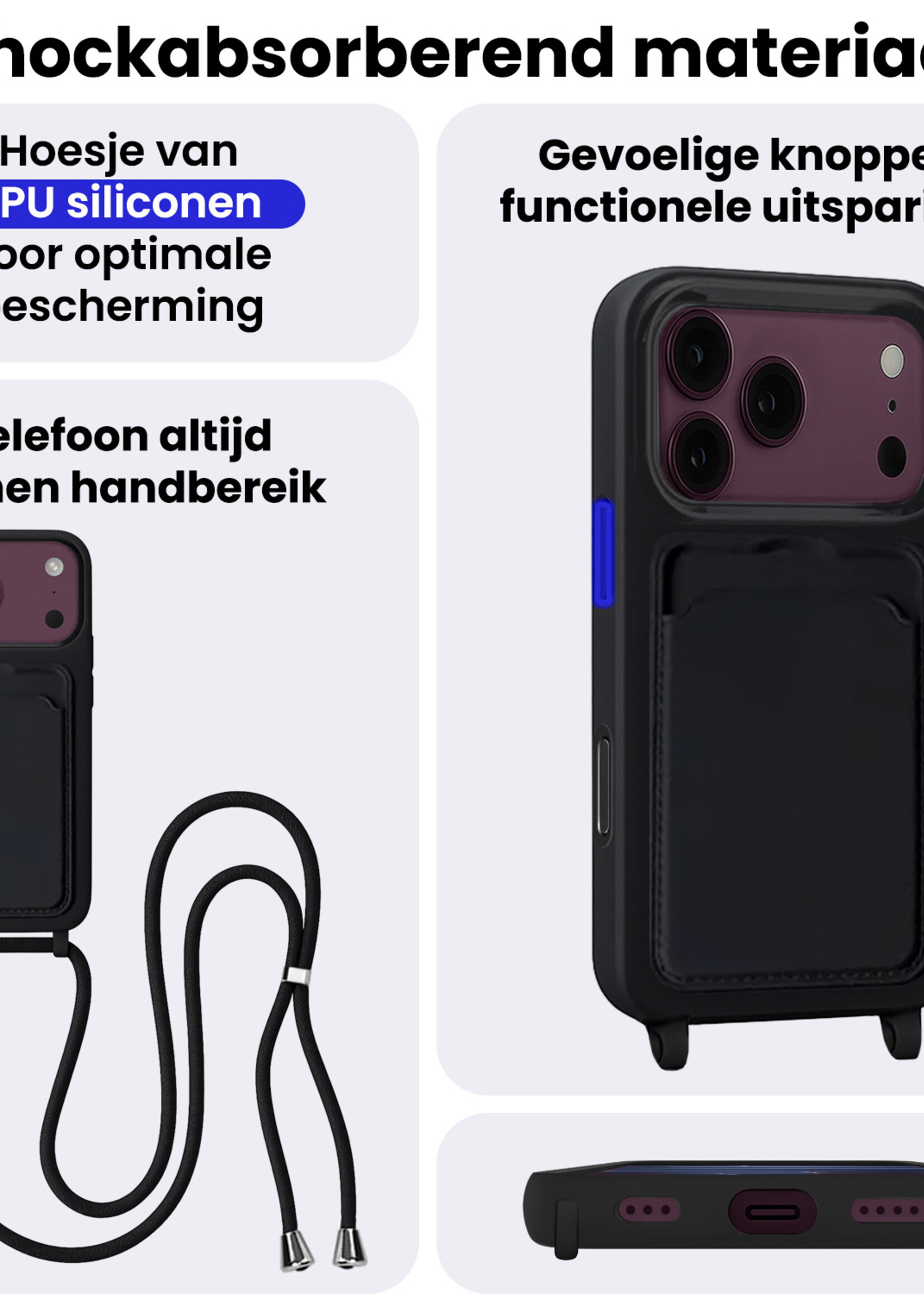 BTH BTH iPhone 18 Pro Max Hoesje Pashouder met Koord - Zwart - 2 PACK
