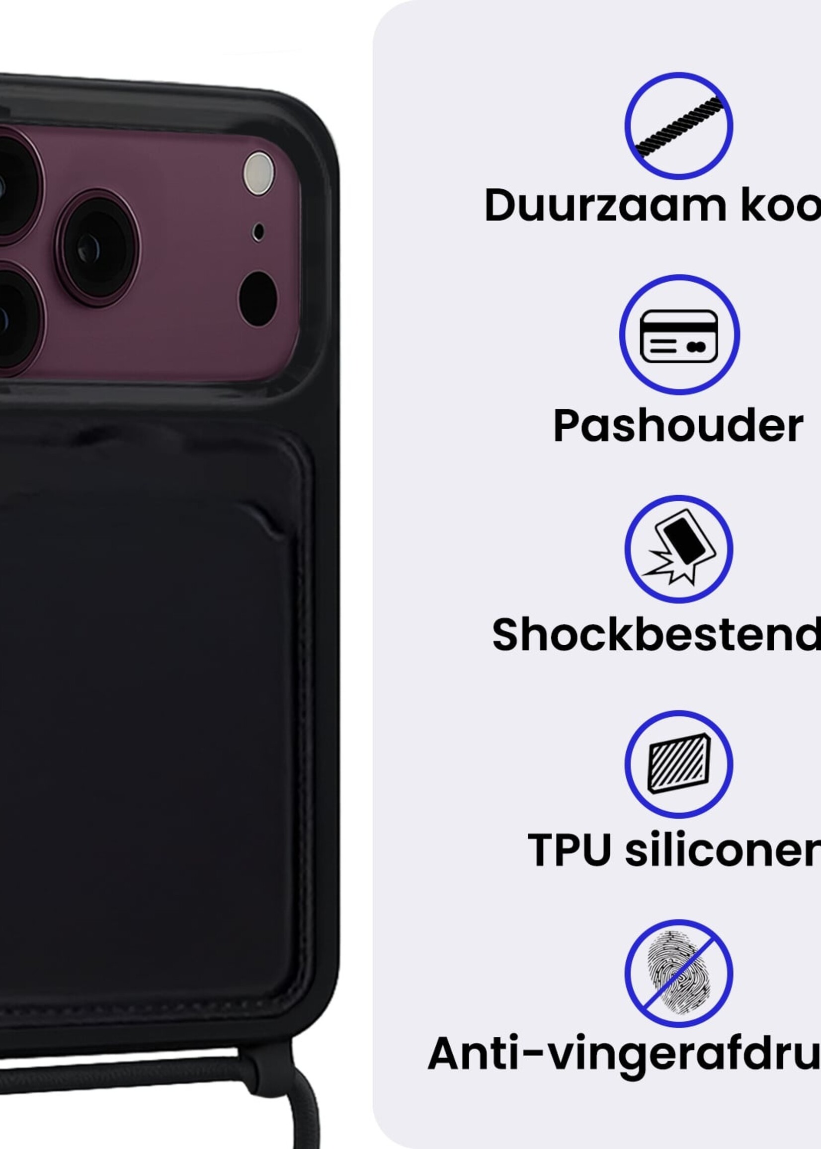 BTH BTH iPhone 18 Pro Max Hoesje Pashouder met Koord Met Screenprotector - Zwart