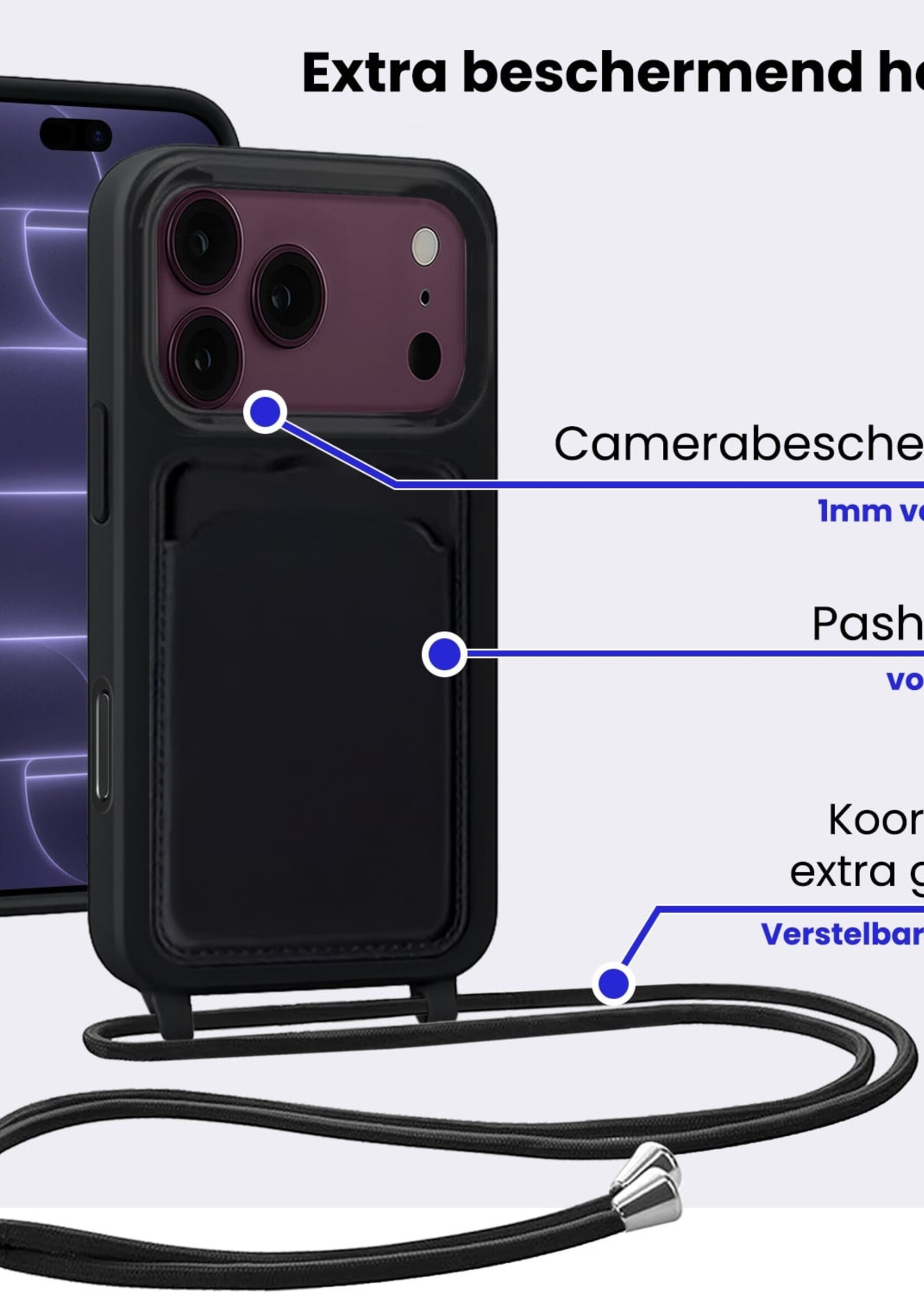 BTH BTH iPhone 18 Pro Max Hoesje Pashouder met Koord Met 2x Screenprotector - Zwart