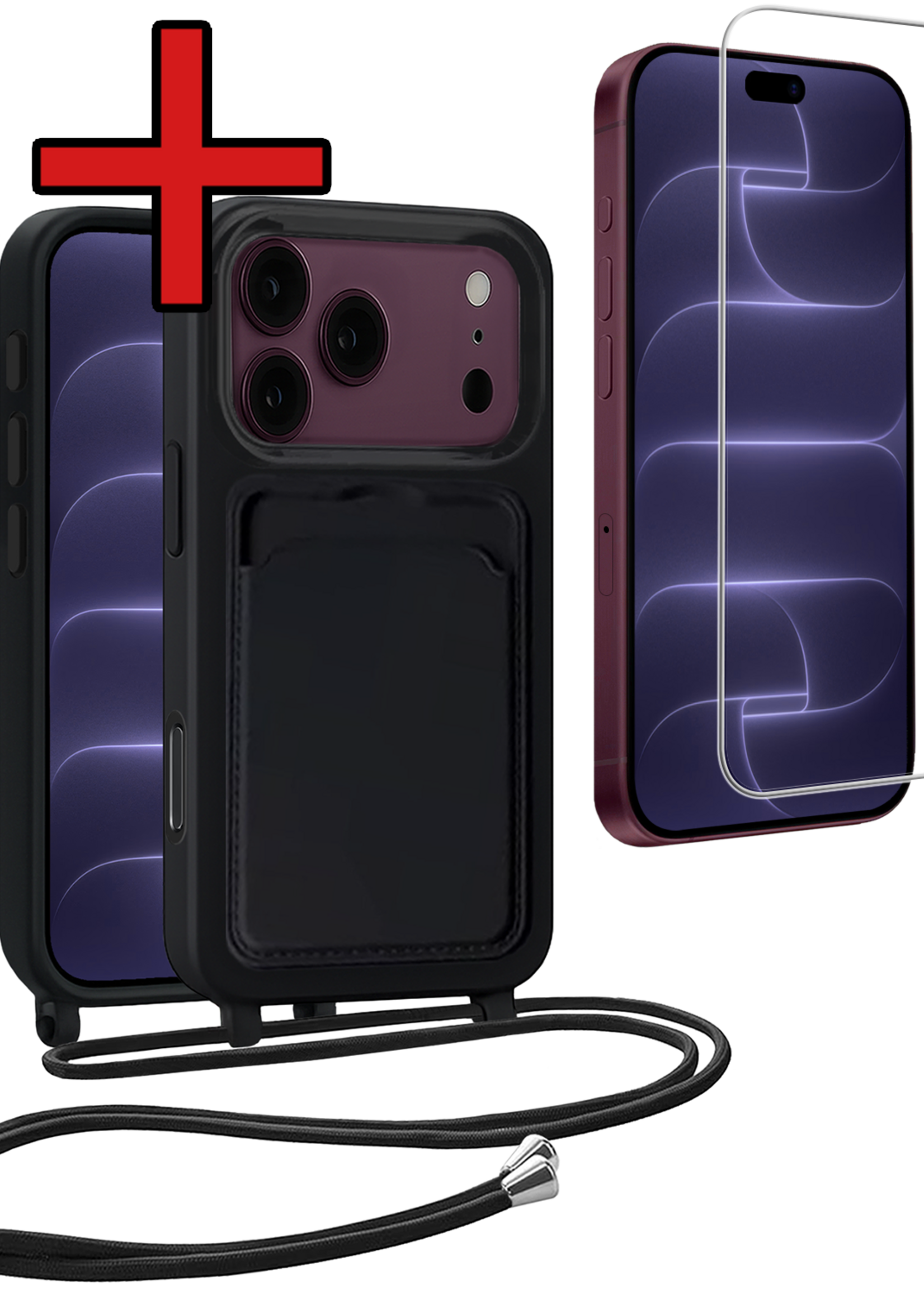 BTH BTH iPhone 18 Pro Max Hoesje Pashouder met Koord Met Screenprotector - Zwart
