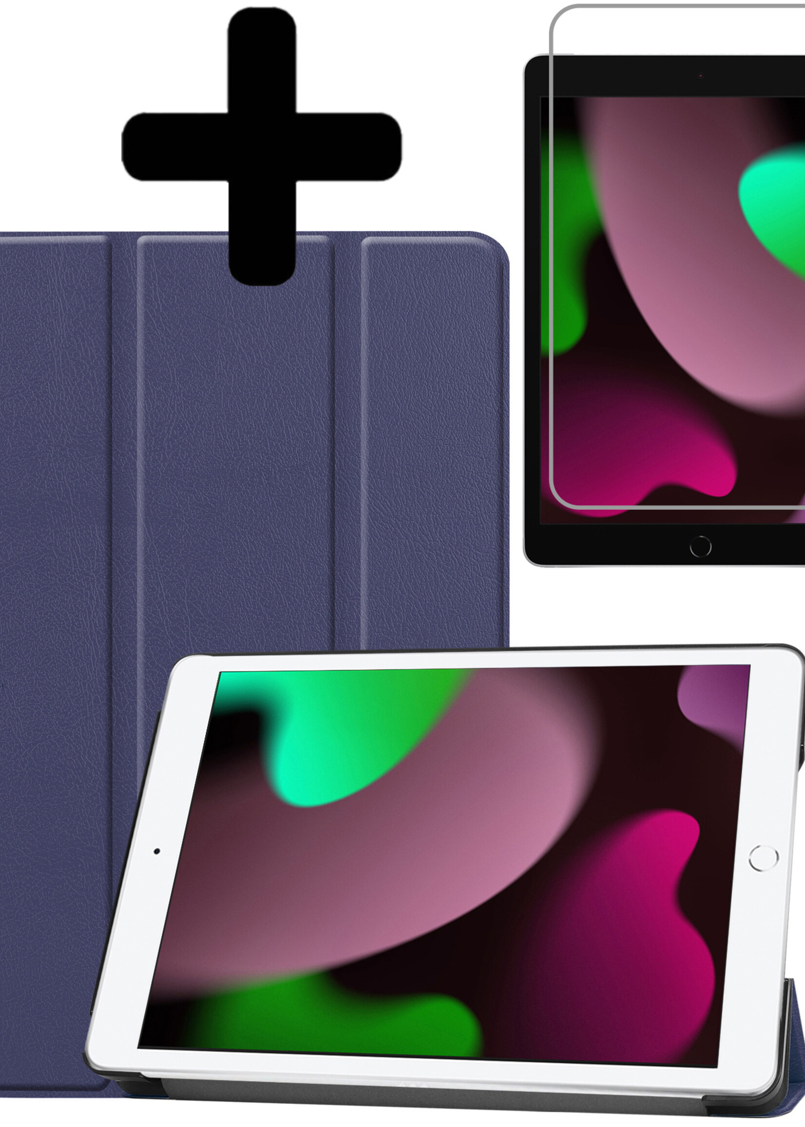 LUQ Hoes Geschikt voor iPad 10.2 2021 Hoes Luxe Hoesje Book Case Met Screenprotector - Hoesje Geschikt voor iPad 9 Hoes Cover - Donkerblauw