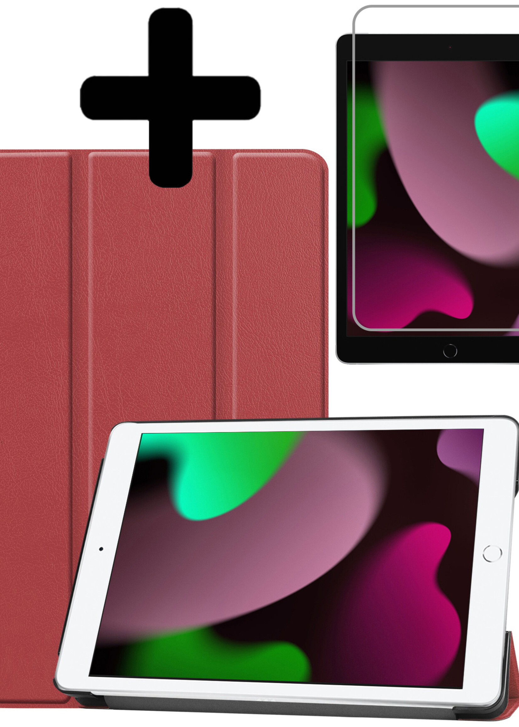 LUQ Hoes Geschikt voor iPad 10.2 2021 Hoes Luxe Hoesje Book Case Met Screenprotector - Hoesje Geschikt voor iPad 9 Hoes Cover - Donkerrood