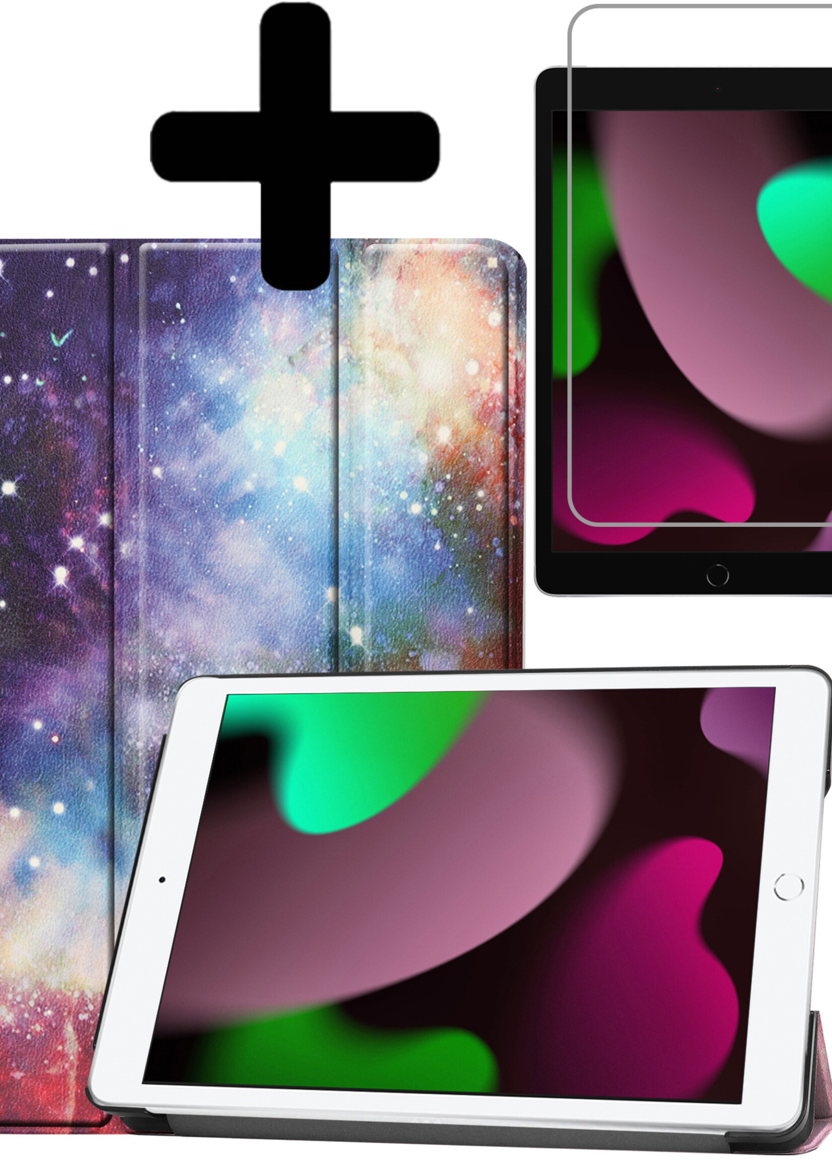 LUQ Hoes Geschikt voor iPad 10.2 2021 Hoes Luxe Hoesje Book Case Met Screenprotector - Hoesje Geschikt voor iPad 9 Hoes Cover - Galaxy