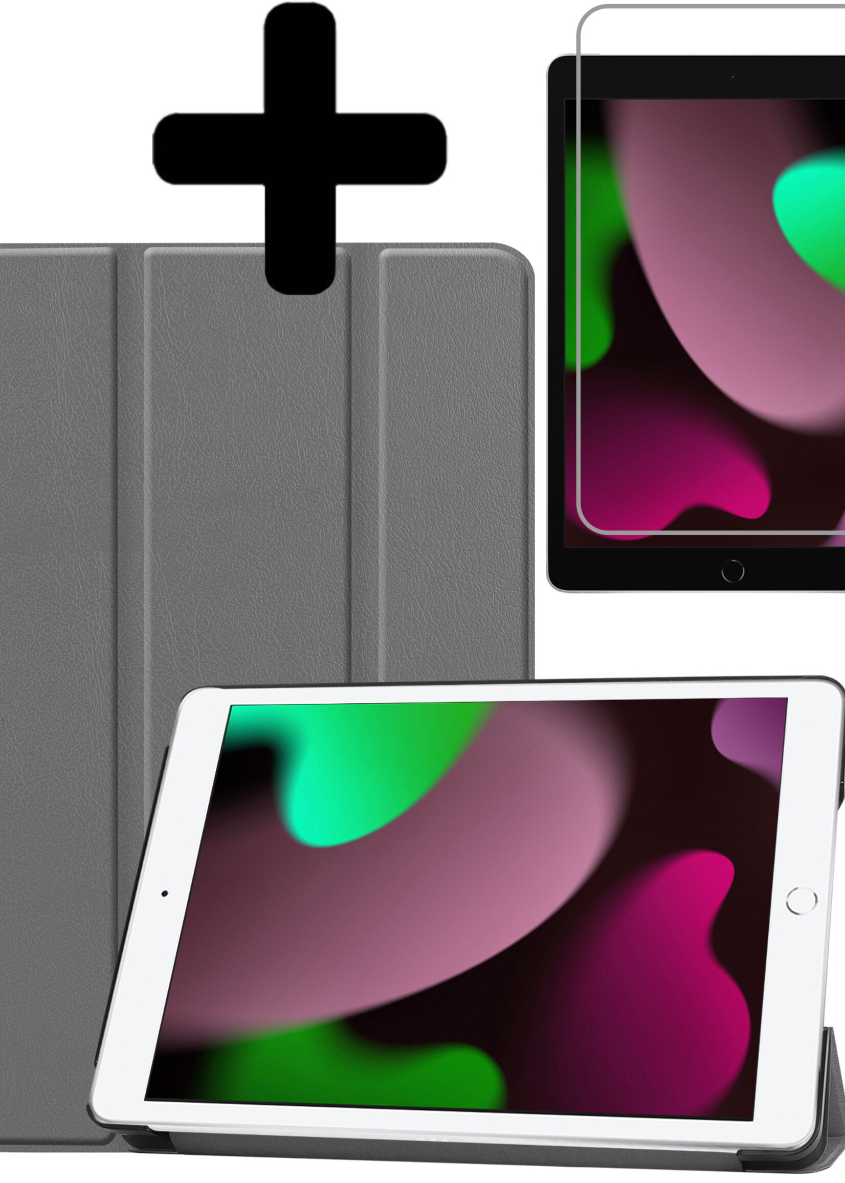 LUQ Hoes Geschikt voor iPad 10.2 2021 Hoes Luxe Hoesje Book Case Met Screenprotector - Hoesje Geschikt voor iPad 9 Hoes Cover - Grijs