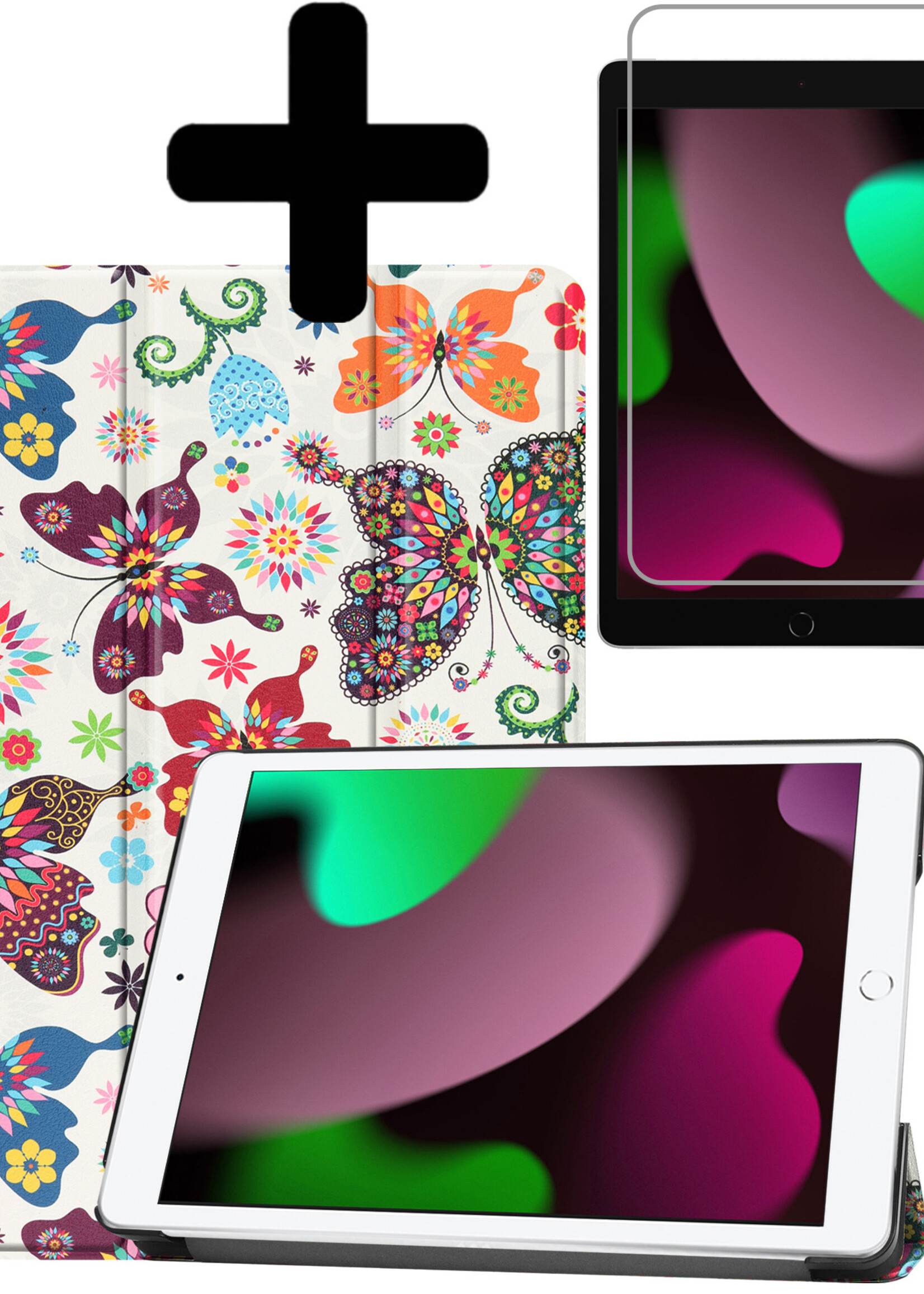LUQ Hoes Geschikt voor iPad 10.2 2021 Hoes Luxe Hoesje Book Case Met Screenprotector - Hoesje Geschikt voor iPad 9 Hoes Cover - Vlinders