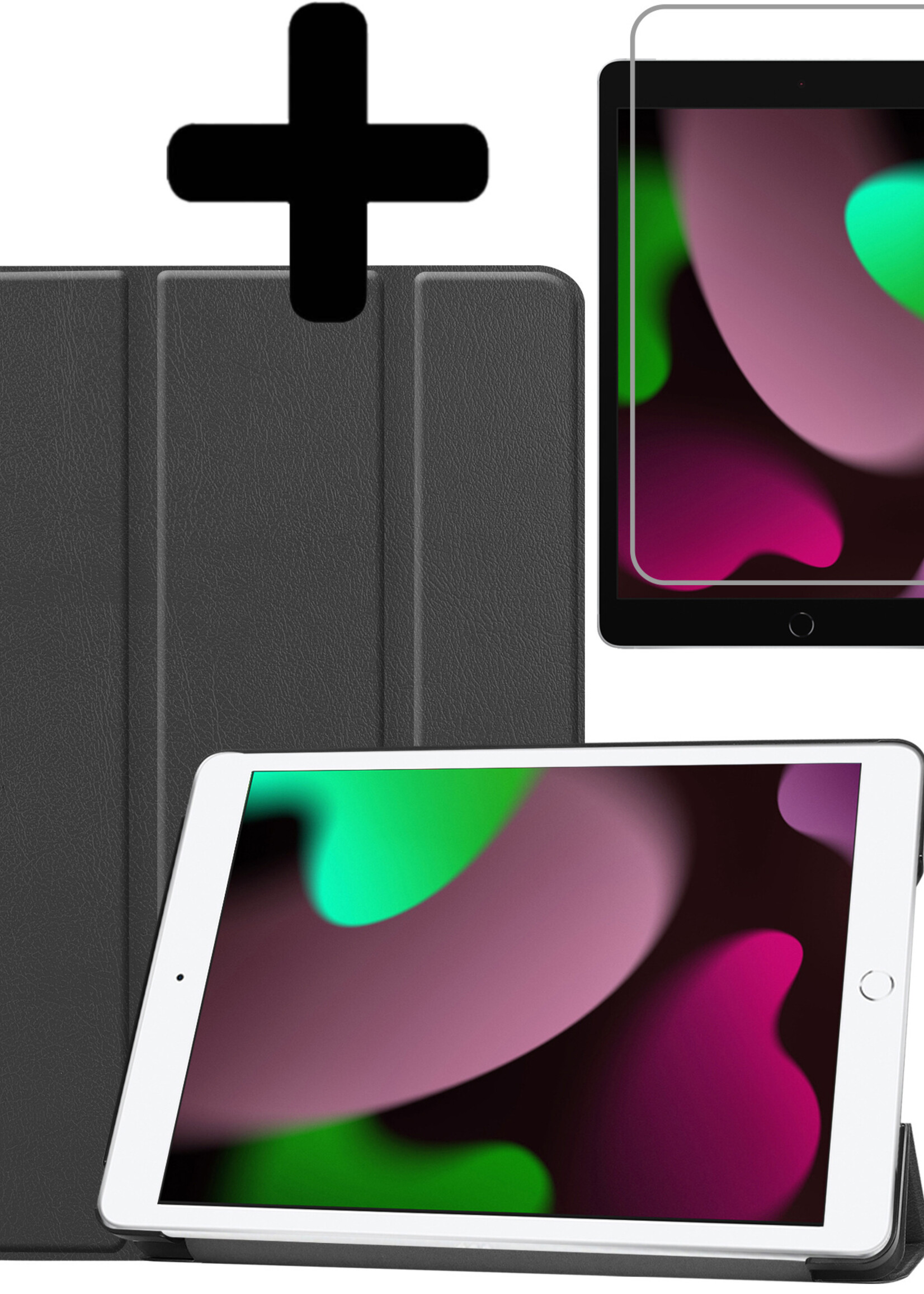 LUQ Hoes Geschikt voor iPad 10.2 2021 Hoes Luxe Hoesje Book Case Met Screenprotector - Hoesje Geschikt voor iPad 9 Hoes Cover - Zwart