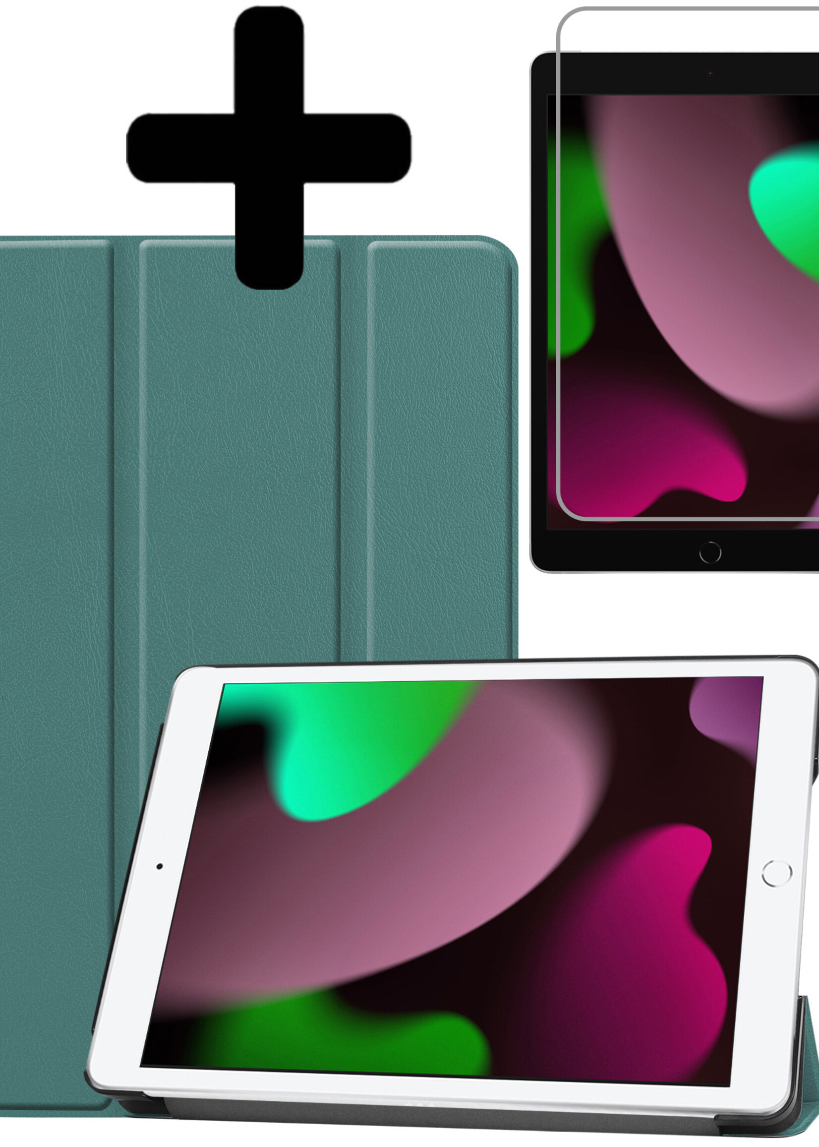 LUQ Hoes Geschikt voor iPad 10.2 2021 Hoes Luxe Hoesje Book Case Met Screenprotector - Hoesje Geschikt voor iPad 9 Hoes Cover - Donkergroen