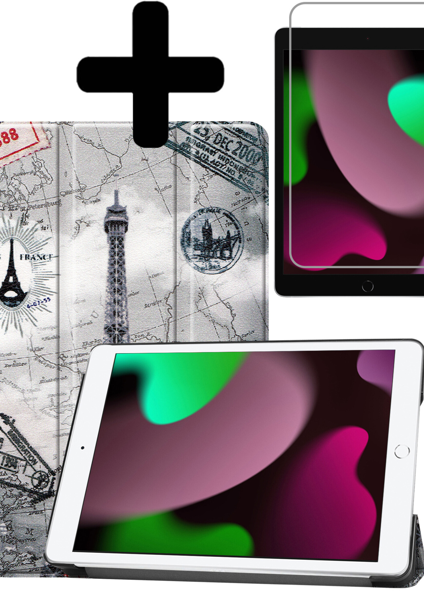 LUQ Hoes Geschikt voor iPad 10.2 2021 Hoes Luxe Hoesje Book Case Met Screenprotector - Hoesje Geschikt voor iPad 9 Hoes Cover - Eiffeltoren
