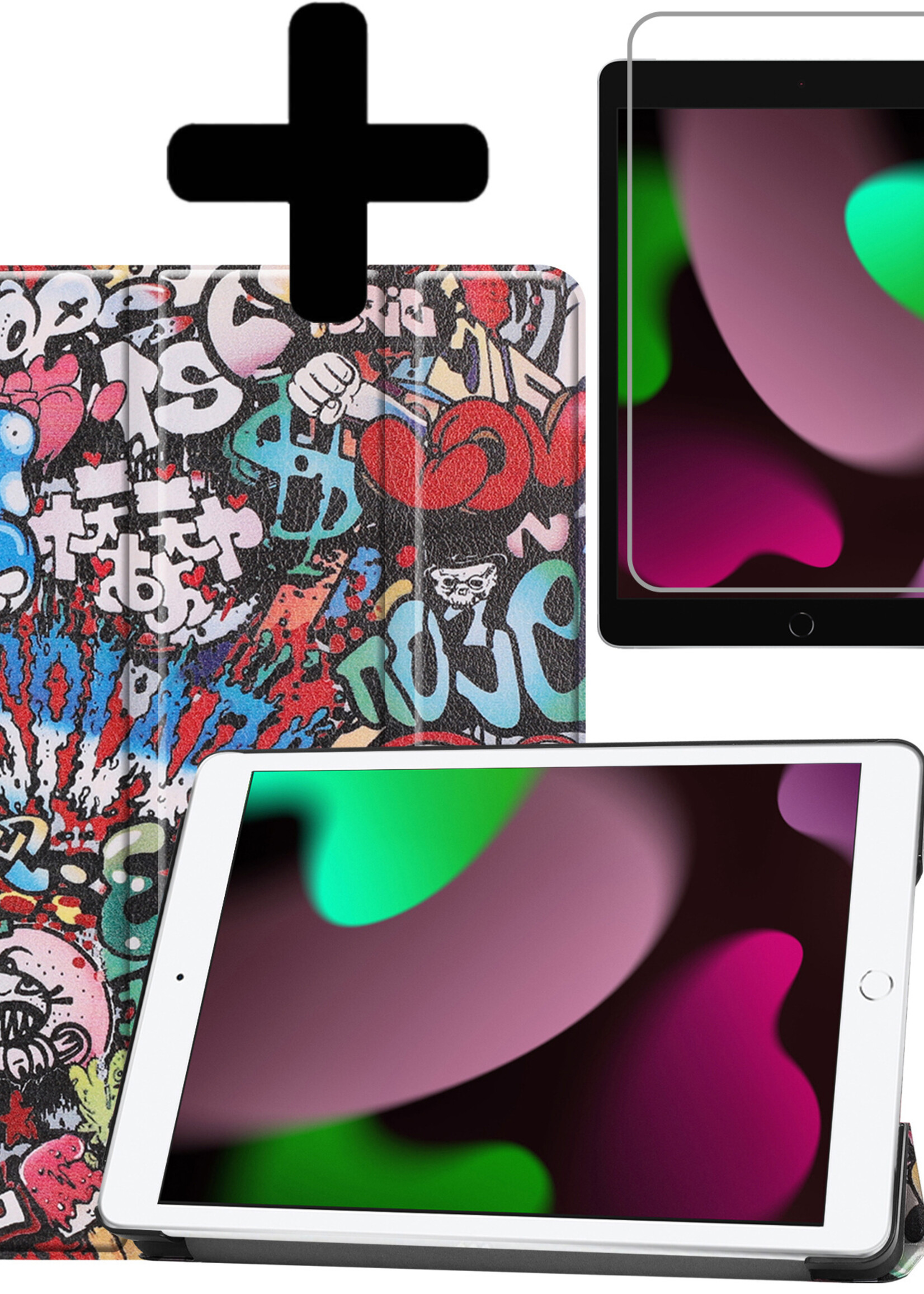 LUQ Hoes Geschikt voor iPad 10.2 2021 Hoes Luxe Hoesje Book Case Met Screenprotector - Hoesje Geschikt voor iPad 9 Hoes Cover - Graffity