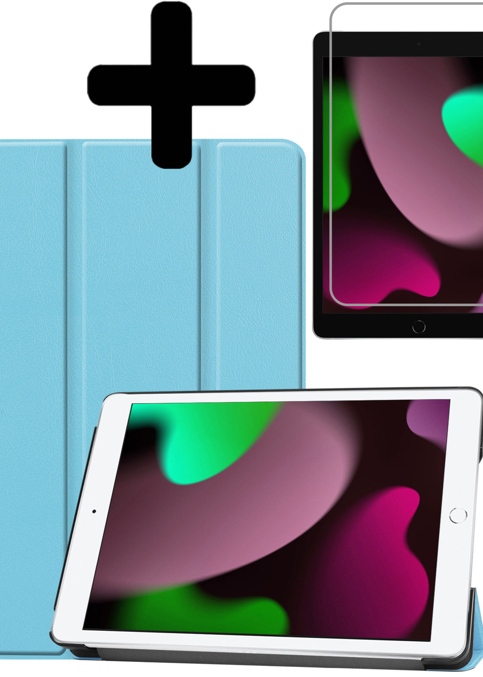 LUQ Hoes Geschikt voor iPad 10.2 2021 Hoes Luxe Hoesje Book Case Met Screenprotector - Hoesje Geschikt voor iPad 9 Hoes Cover - Lichtblauw