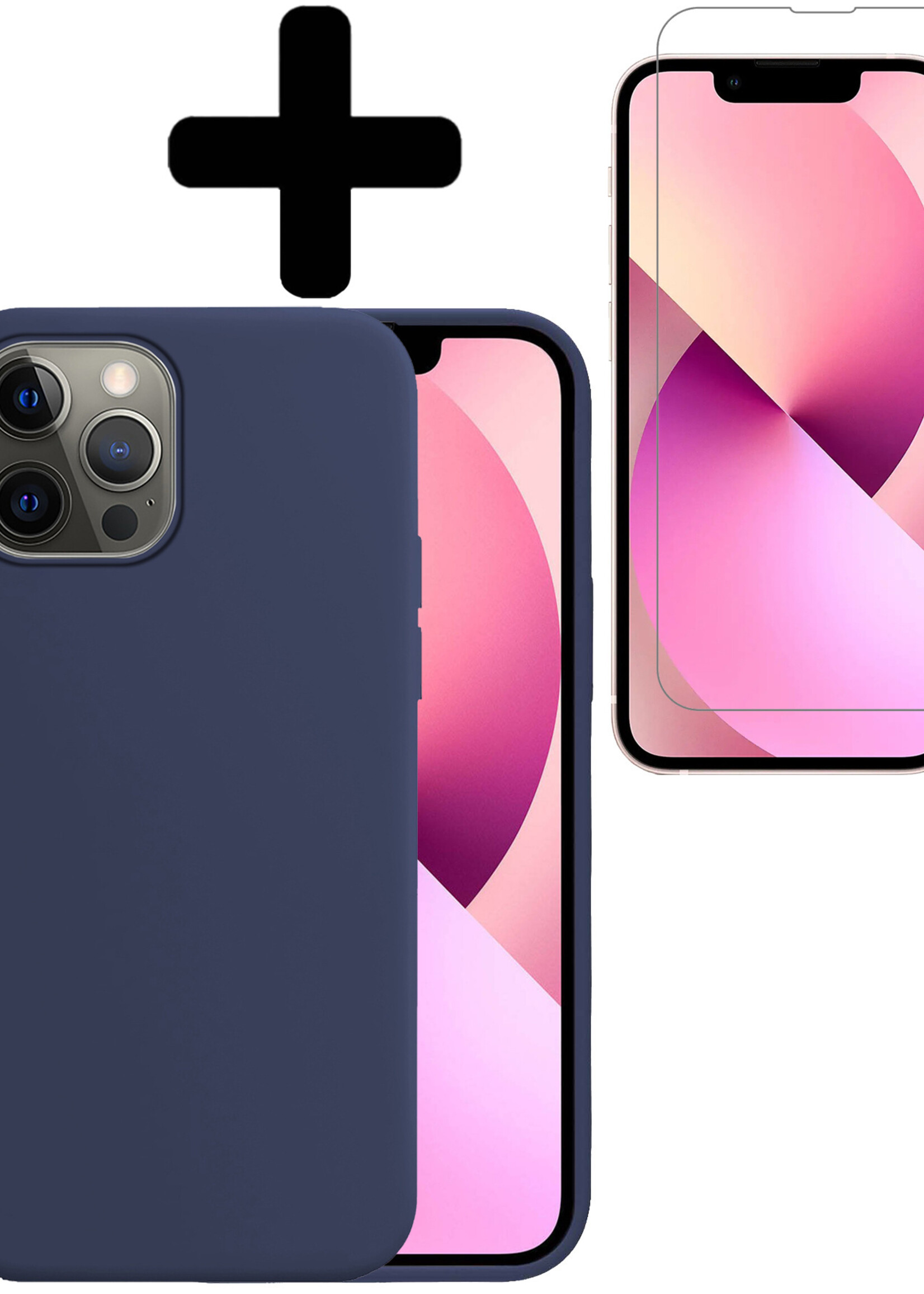 LUQ Hoesje Geschikt voor iPhone 13 Pro Hoesje Siliconen Case Met Screenprotector - Hoes Geschikt voor iPhone 13 Pro Hoes Siliconen - Donkerblauw