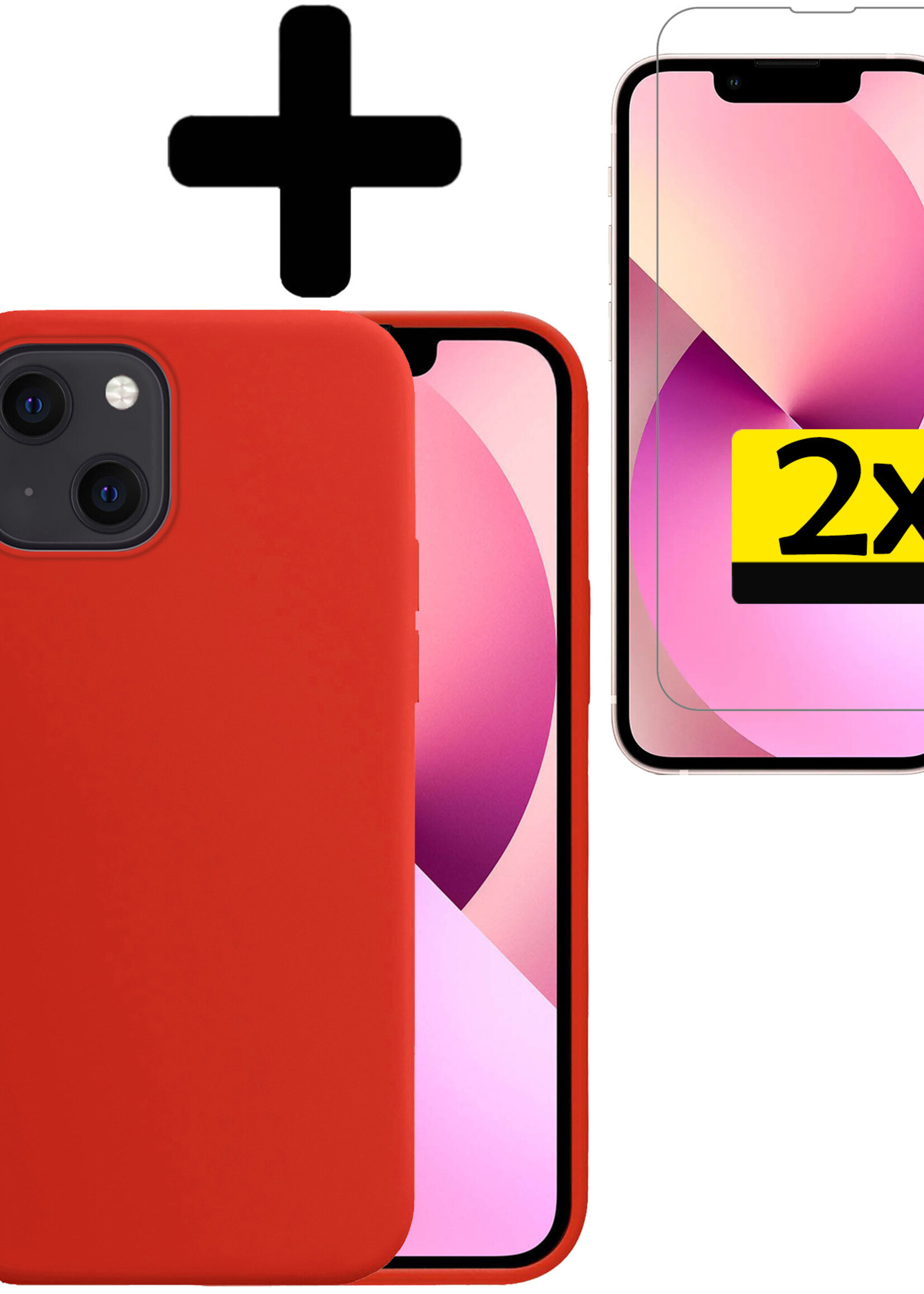 LUQ Hoesje Geschikt voor iPhone 13 Hoesje Siliconen Case Met 2x Screenprotector - Hoes Geschikt voor iPhone 13 Hoes Siliconen - Rood