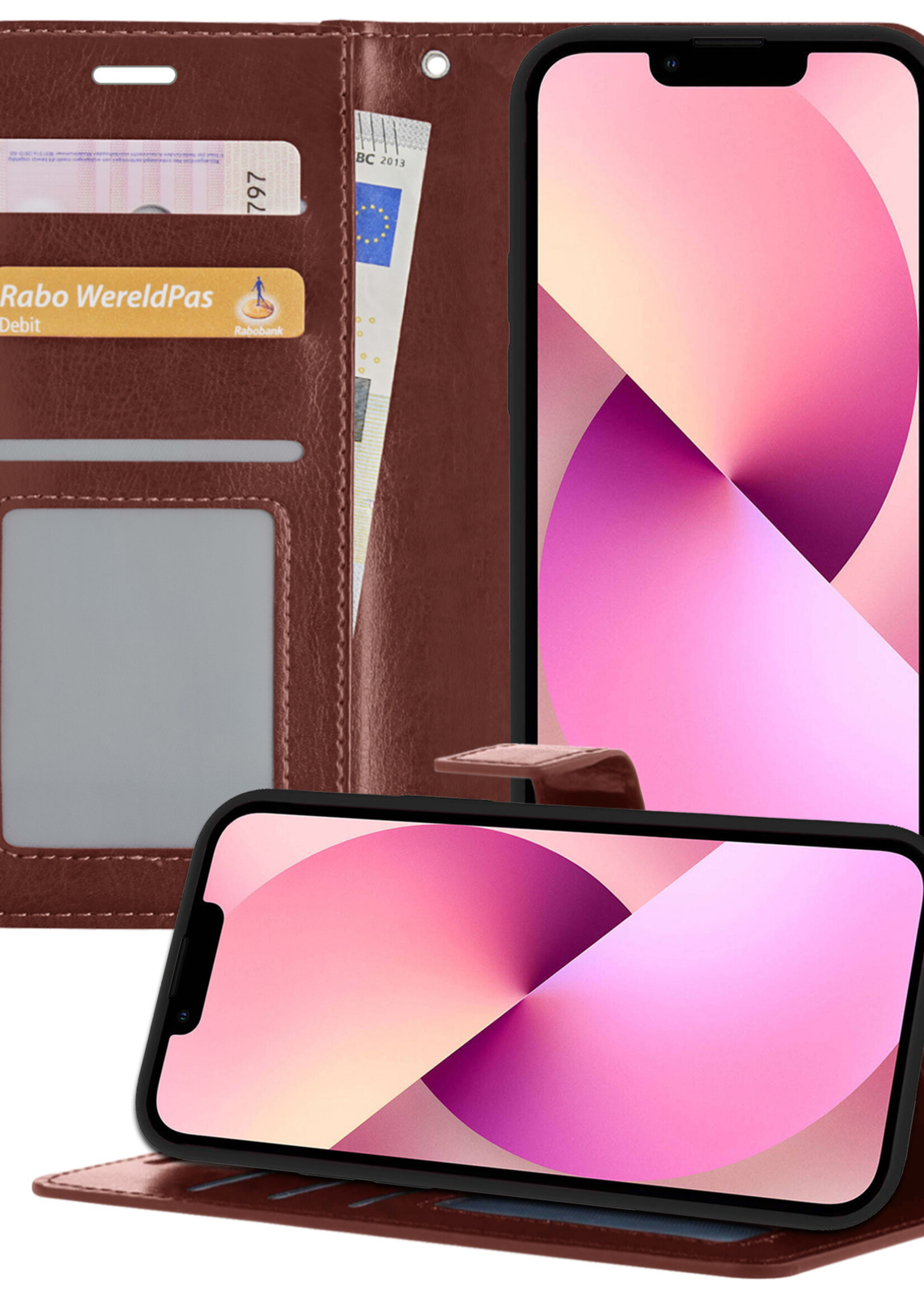 LUQ Hoesje Geschikt voor iPhone 13 Mini Hoesje Book Case Hoes Wallet Cover - Hoes Geschikt voor iPhone 13 Mini Hoesje Bookcase Hoes - Bruin