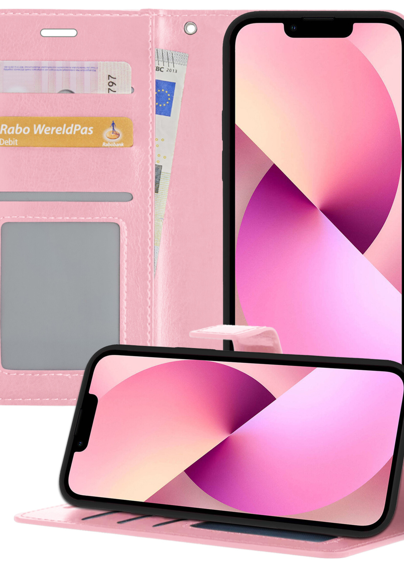 LUQ Hoesje Geschikt voor iPhone 13 Mini Hoesje Book Case Hoes Wallet Cover - Hoes Geschikt voor iPhone 13 Mini Hoesje Bookcase Hoes - Lichtroze