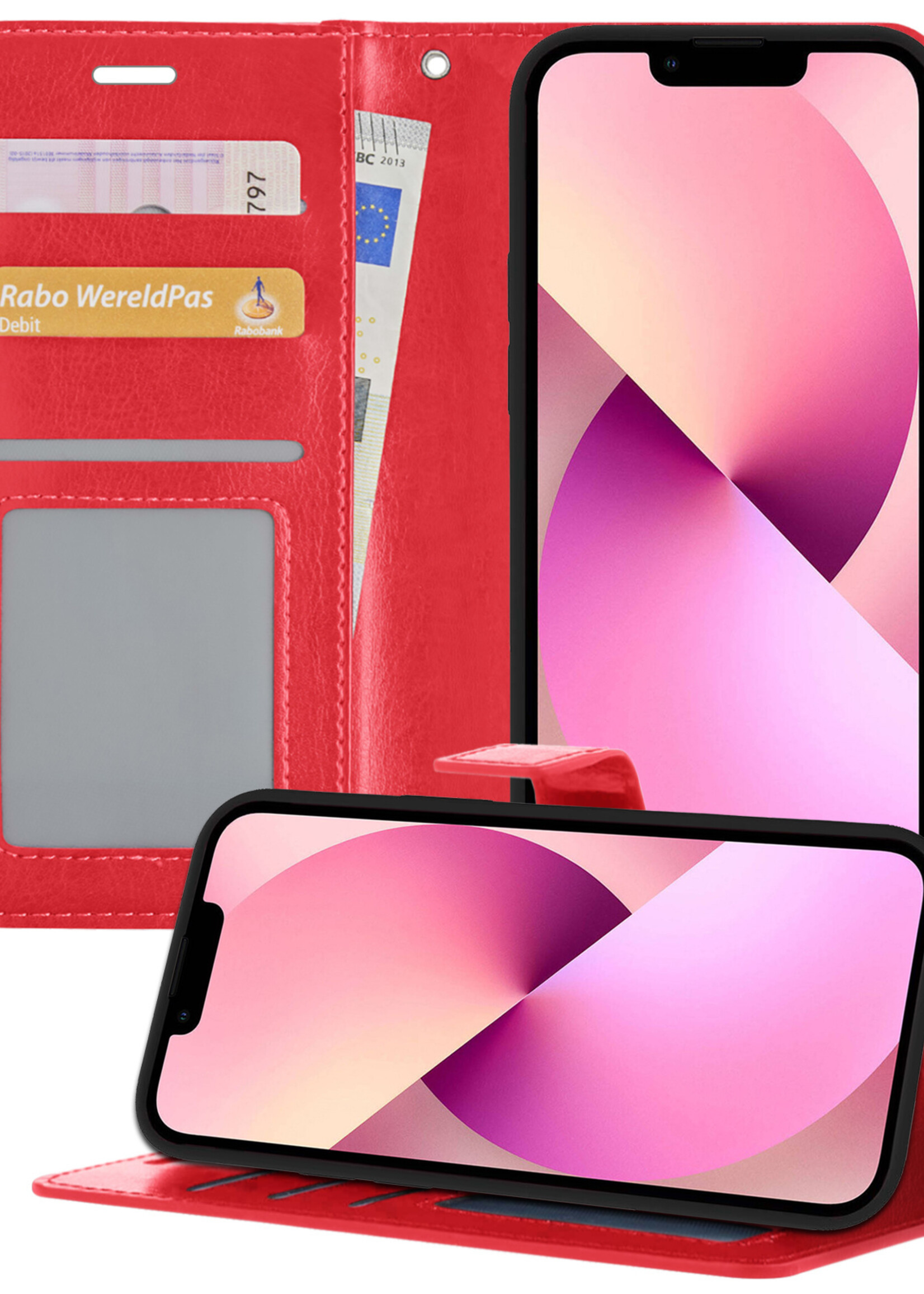 LUQ Hoesje Geschikt voor iPhone 13 Mini Hoesje Book Case Hoes Wallet Cover - Hoes Geschikt voor iPhone 13 Mini Hoesje Bookcase Hoes - Rood