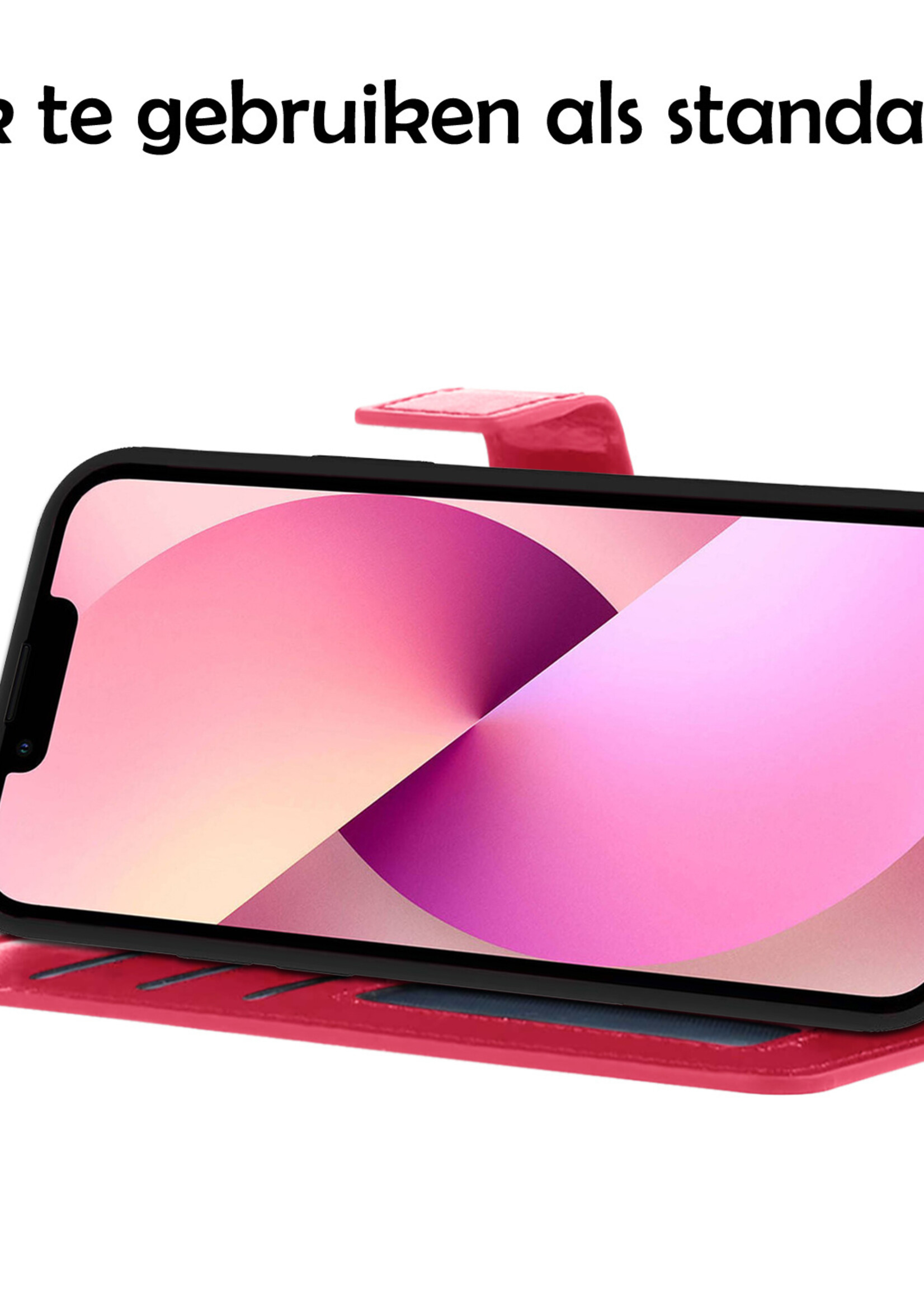 LUQ Hoesje Geschikt voor iPhone 13 Hoesje Book Case Hoes Wallet Cover - Hoes Geschikt voor iPhone 13 Hoesje Bookcase Hoes - Donkerroze