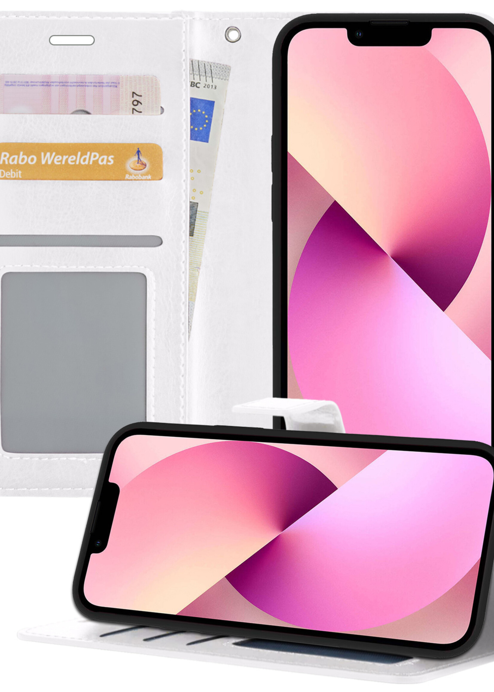 LUQ Hoesje Geschikt voor iPhone 13 Hoesje Book Case Hoes Wallet Cover - Hoes Geschikt voor iPhone 13 Hoesje Bookcase Hoes - Wit