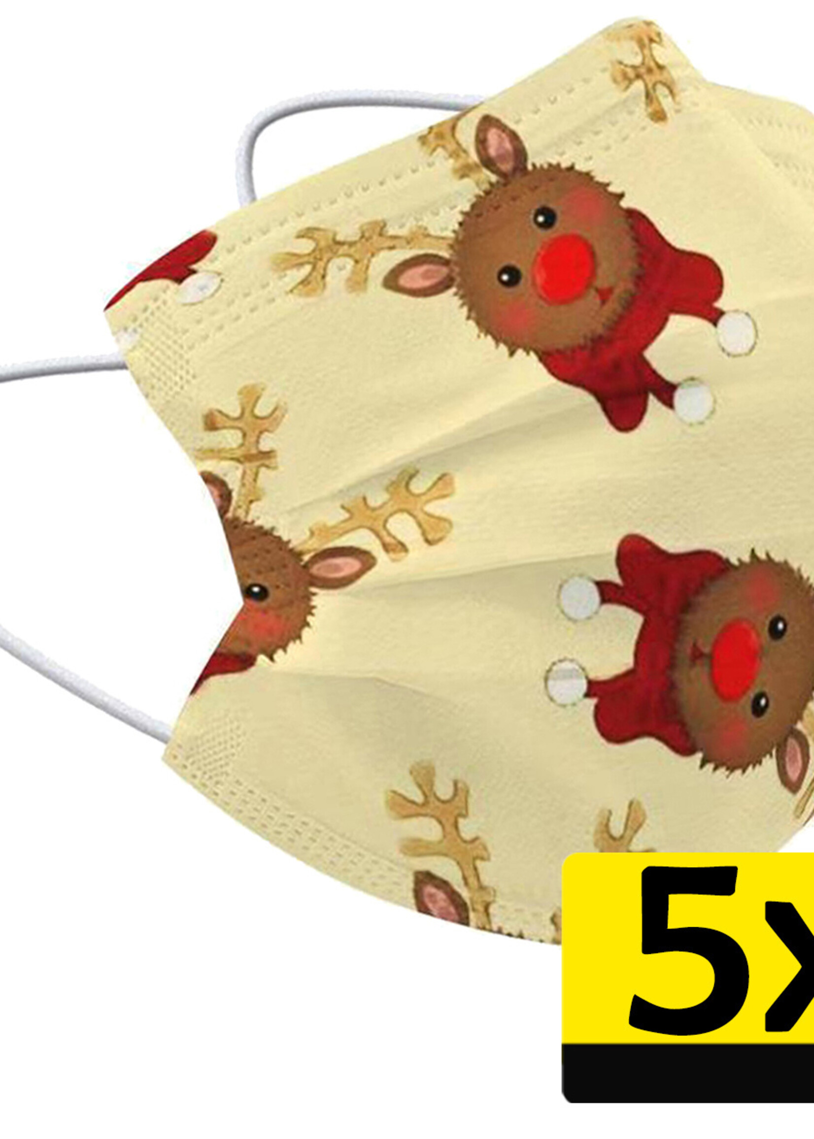 LUQ Kerst Mondkapje Wegwerp Mondmasker Niet Medisch Rendier Geel - 5 Stuks