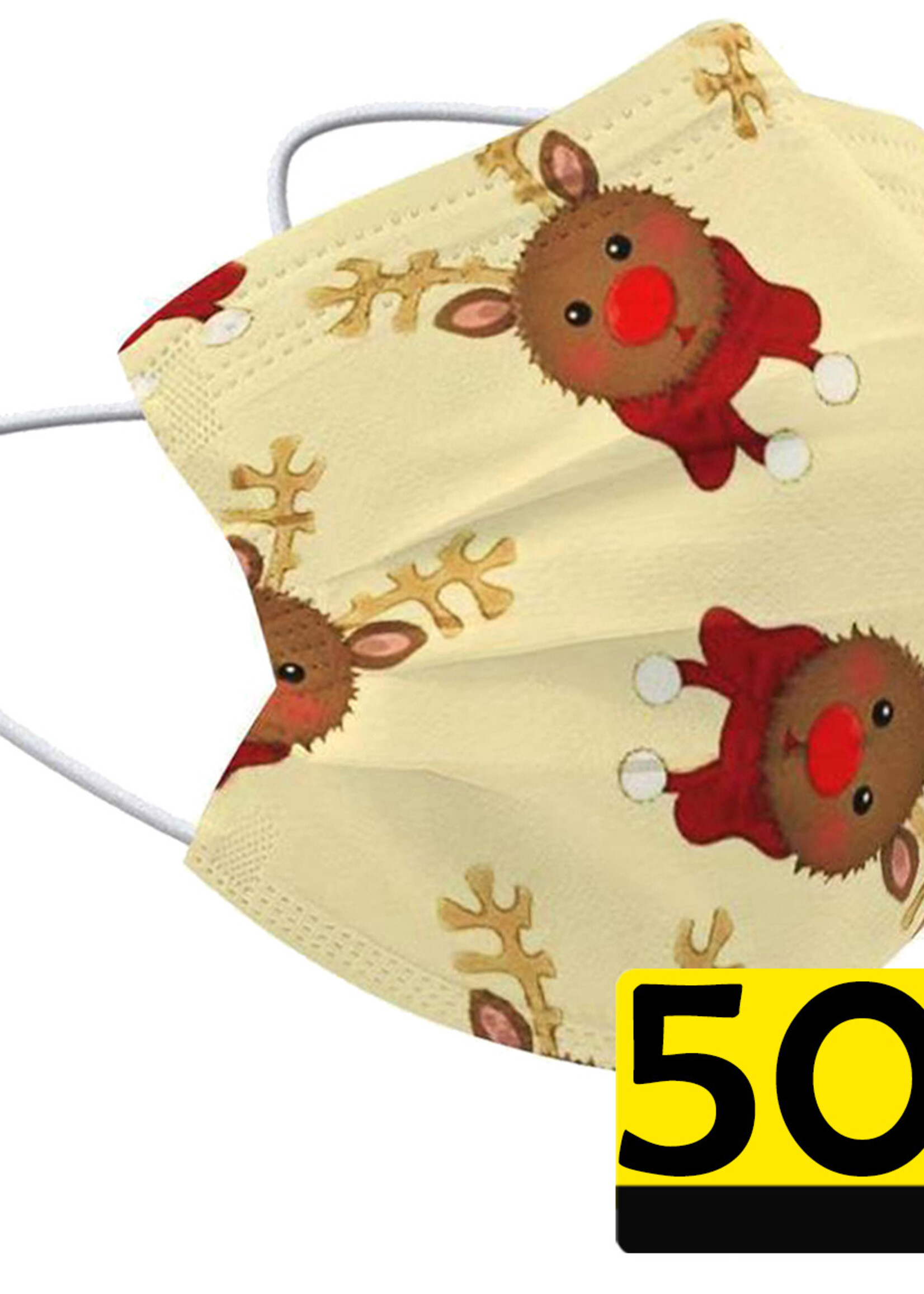 LUQ Kerst Mondkapje Wegwerp Mondmasker Niet Medisch Rendier Geel - 50 Stuks