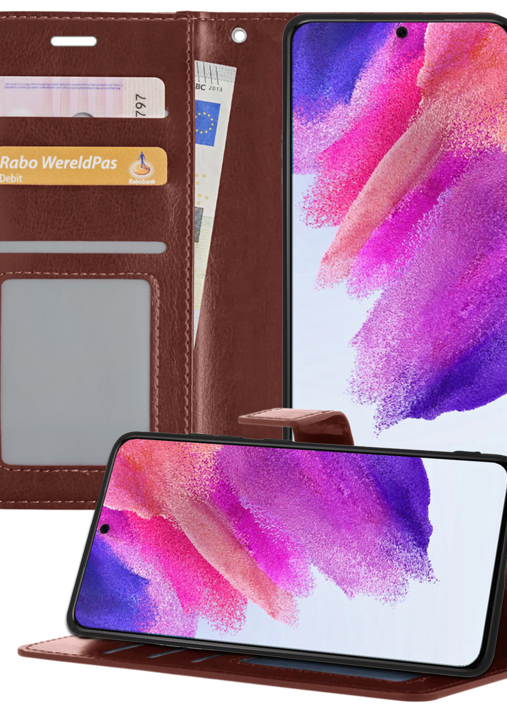 LUQ Hoesje Geschikt voor Samsung S21 FE Hoesje Book Case Hoes Wallet Cover - Hoes Geschikt voor Samsung Galaxy S21 FE Hoesje Bookcase Hoes - Bruin
