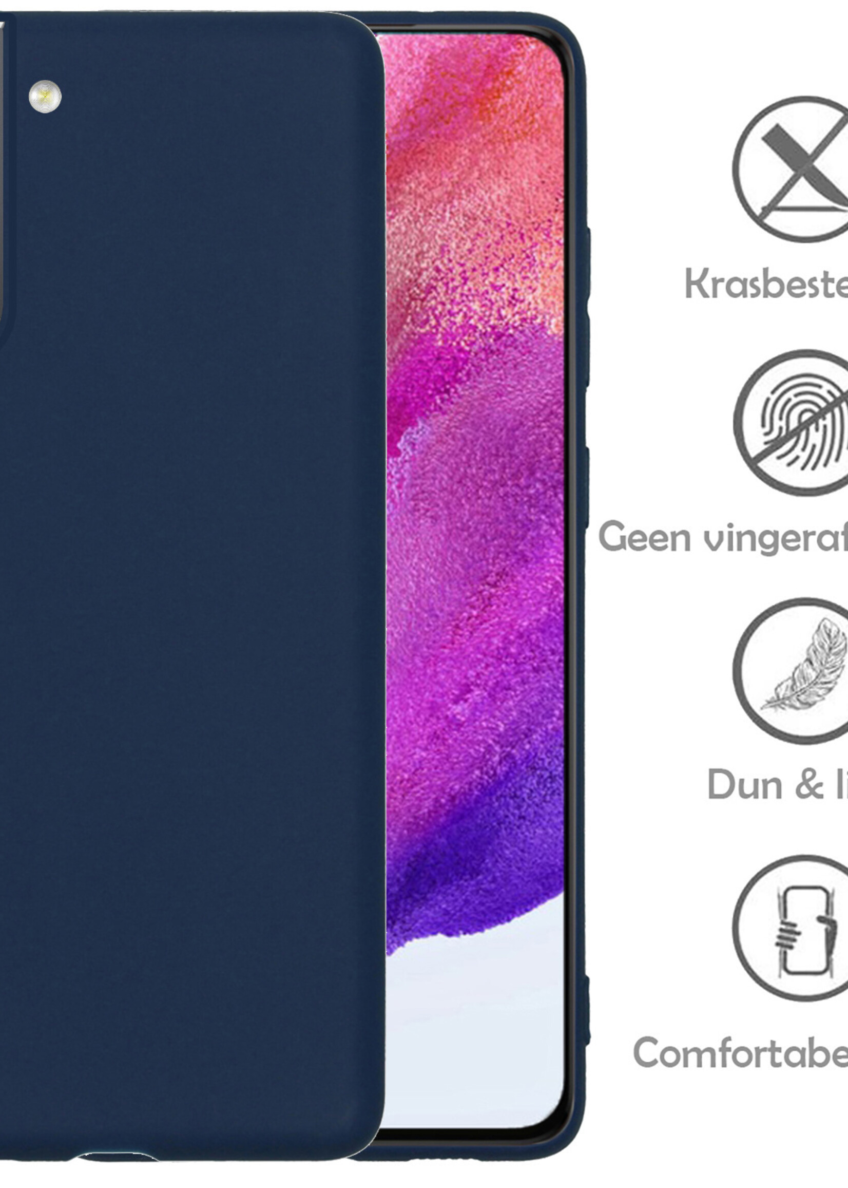LUQ Hoesje Geschikt voor Samsung S21 FE Hoesje Siliconen Case Met Screenprotector - Hoes Geschikt voor Samsung Galaxy S21 FE Hoes Siliconen - Donkerblauw
